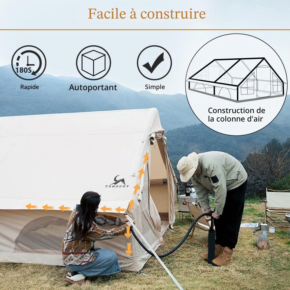 TOMOUNT Tente gonflable 300D étanche en polyester pour 8 personnes Facile à installer avec sac de rangement et pompe à air Tente de camping pour l'extérieur, le camping, la randonnée, les festivals