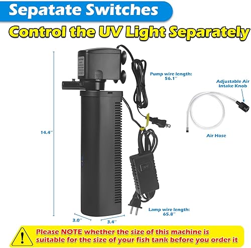 Miniatura 7 de Filtro U-V para acuario de 300 GPH para estanque grande de 80 a 200 galones, potente bomba sumergible interna de agua verde, máquina de matar limpia