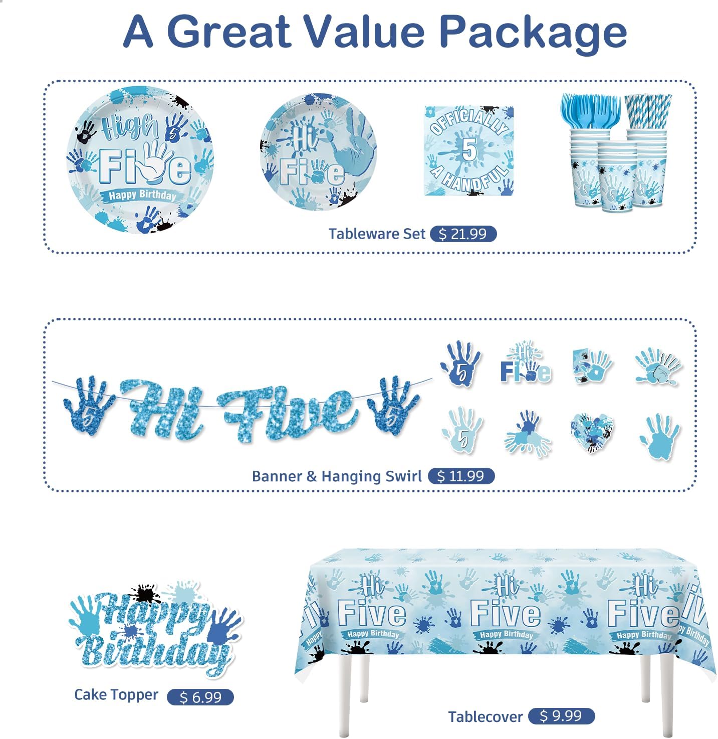 132pcs 5th Birthday Decorations for Boys, Blue Hi Five Birthday Party Decorations Boy Include Plates and Napkins Set, Banner, Hanging Swirls, Tablecloth, Cake Topper, Serves 20 Guests