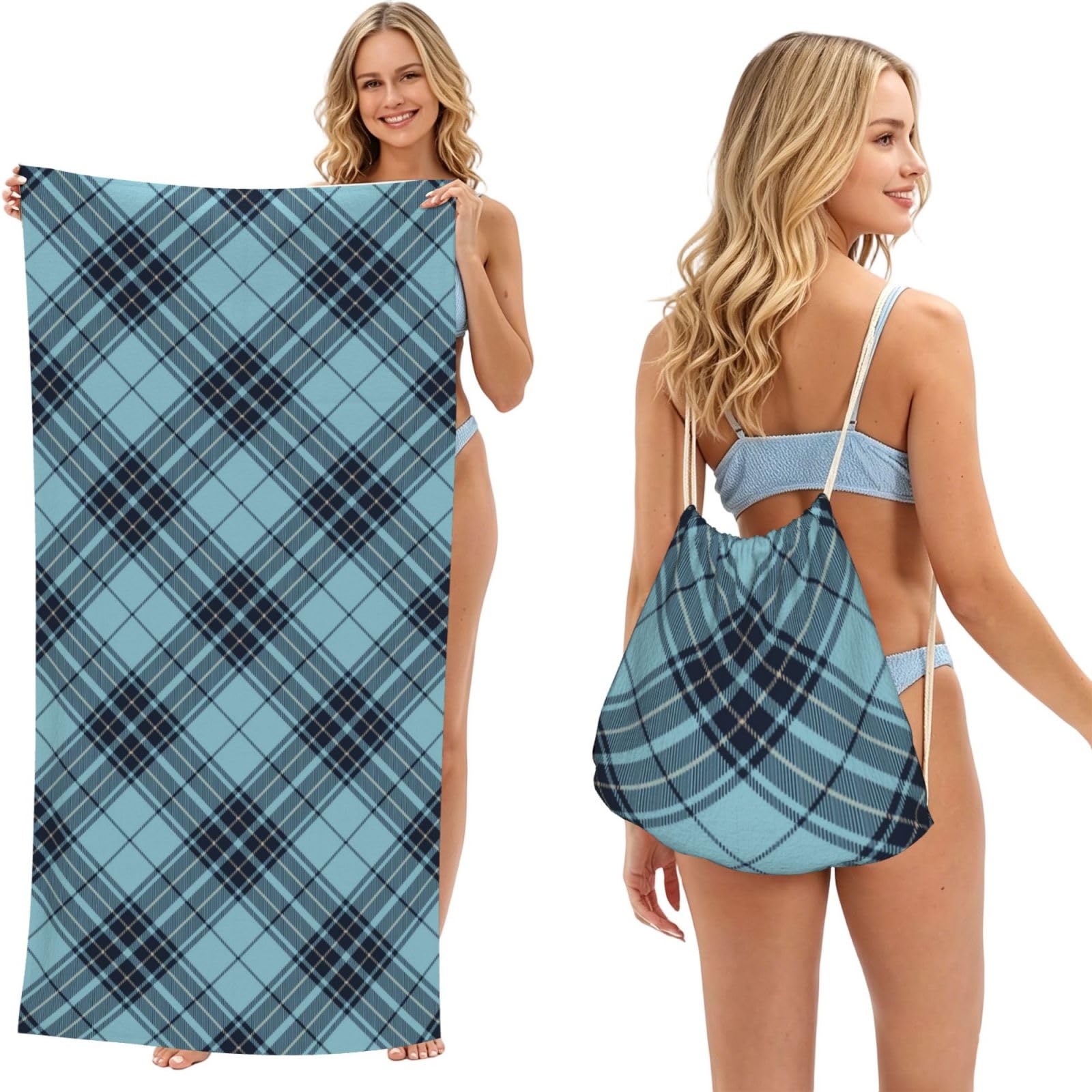 Poadnly As Picture Blue Argyle Scottish Tartan Plaid, 2 In 1 Packable Towel Bag, Beach Towels With Drawstring Backpack For Travel Holiday Camping