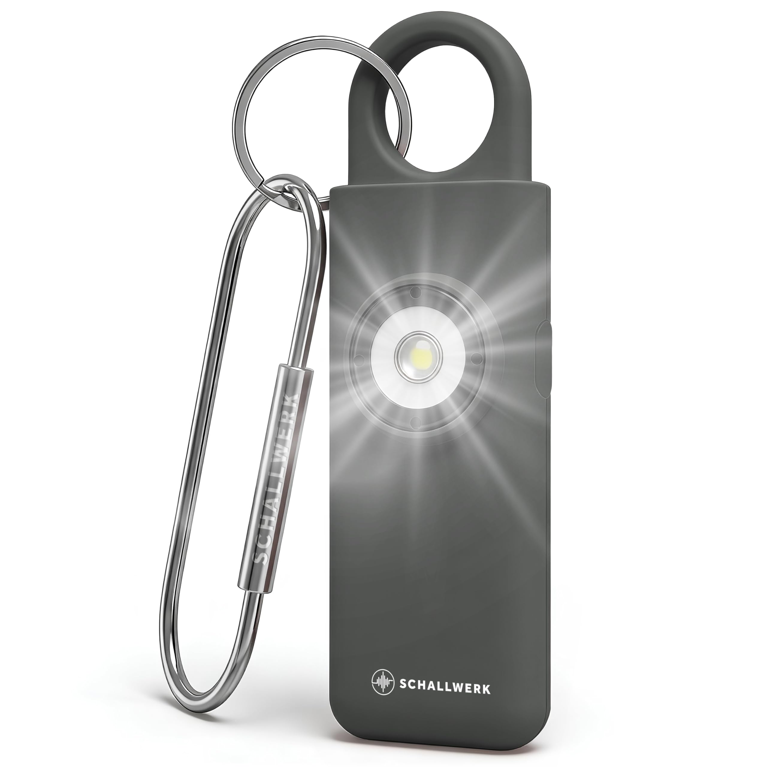 Schallwerk ® Safety+ - Allarme tascabile da donna, allarme personale con luce LED, portachiavi per autoprotezione e sicurezza in viaggio, forte e compatto (grigio grafite)