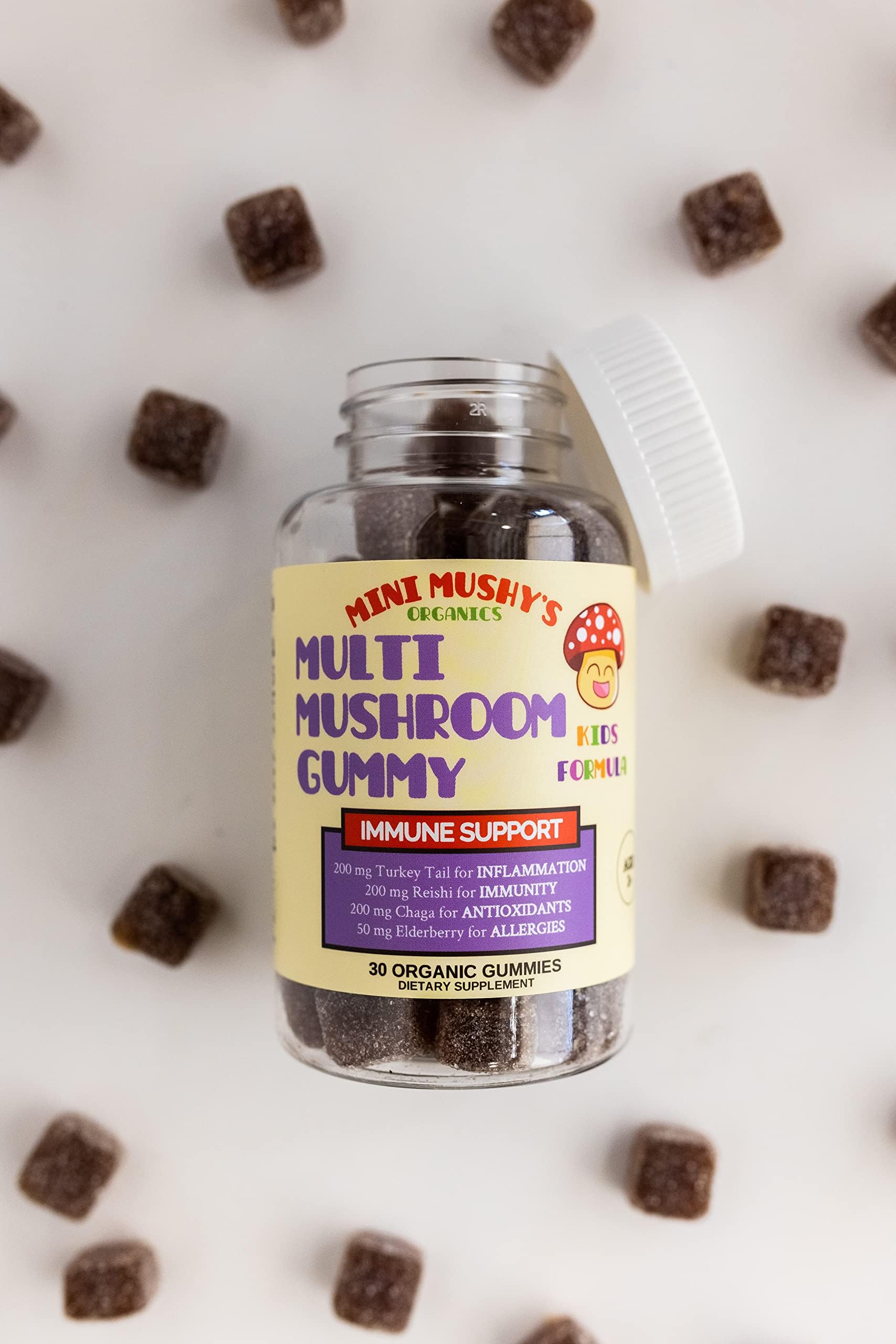 Mini Mushy's Organic Immune Support Daily Gummies | Turkey Tail, Reishi, Chaga Mushrooms, Elderberry | for Kids Ages 2+ Natural Color, Allergy Friendly, Low Sugar | Strawberry Flavor - 30 Count