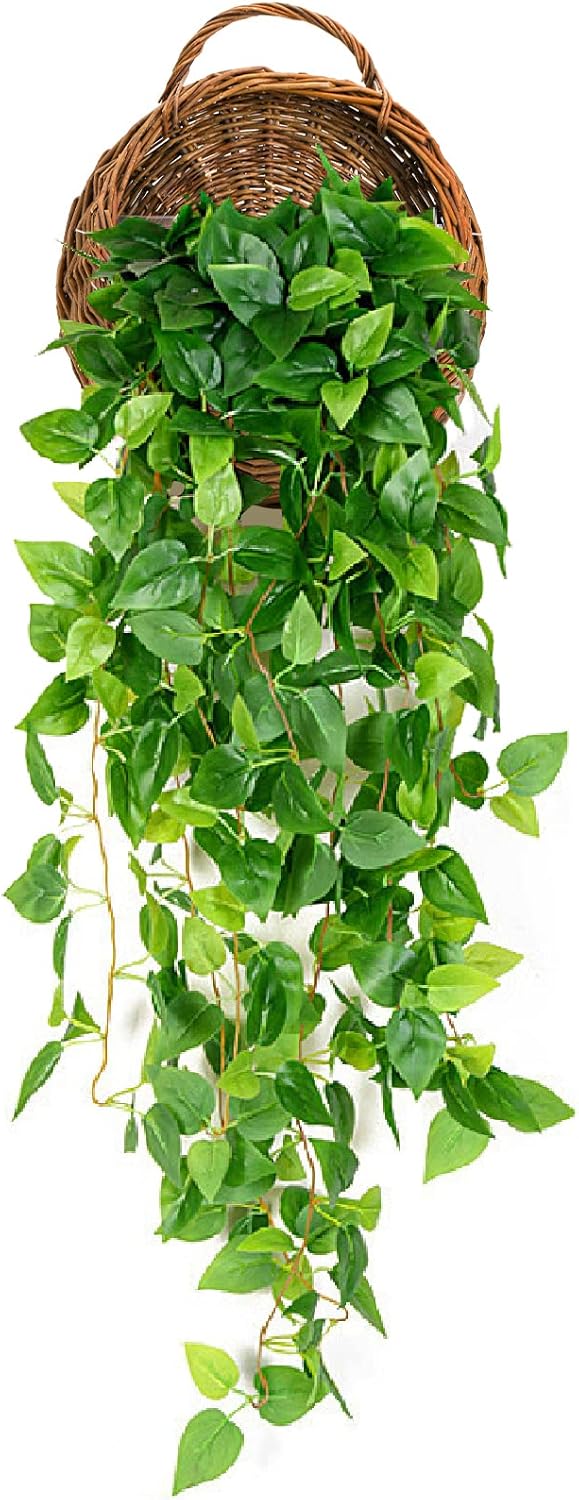 Foraineam Handmade Woven Hanging Basket, Natural Wicker Storage Basket Wall Hanging Flower Pot, Rattan Hanging Planter Container for Home Garden Wedding Wall Decorations