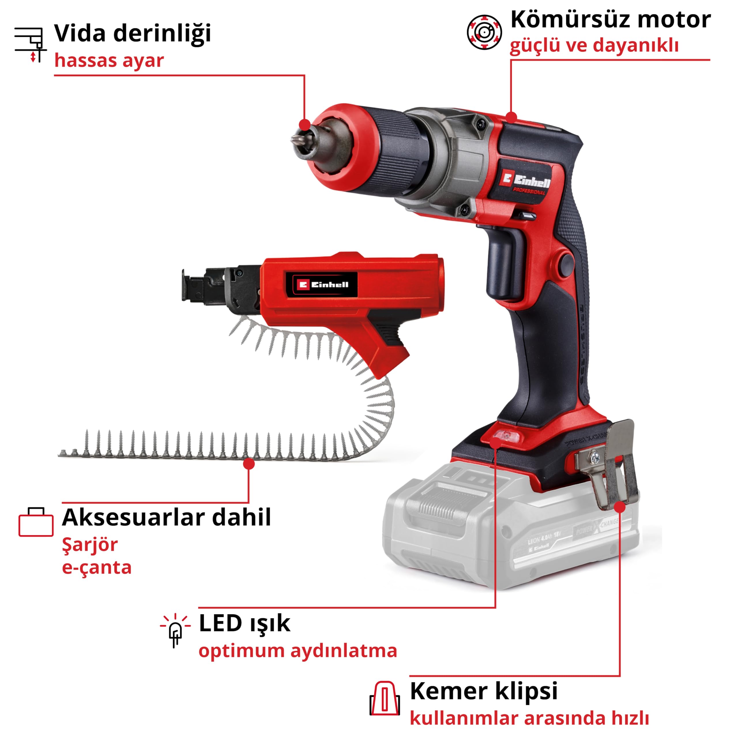Einhell Profesjonalna wkrętarka akumulatorowa do płyt kartonowo-gipsowych TP-DY 18 Li BL + wkład Power X-Change (18 V, silnik bezwęglowy, ogranicznik głębokości, z wkładem, 2 bity, E-Case, bez