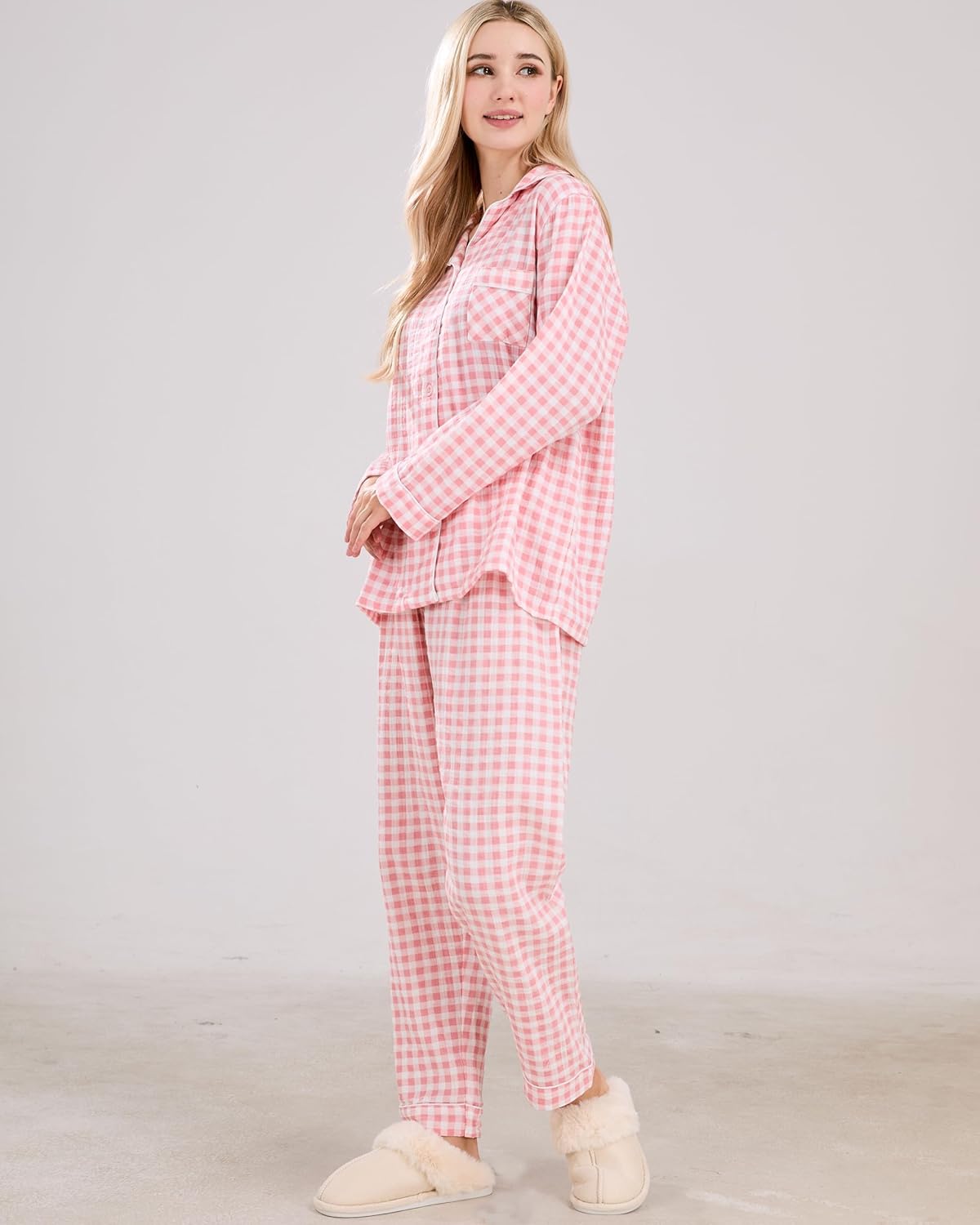 Womens Cotton Pajama Sets Long Sleeve Button Down Shirt and Pants Sleepwear 2 Piece Gingham Pj Set - Image 7