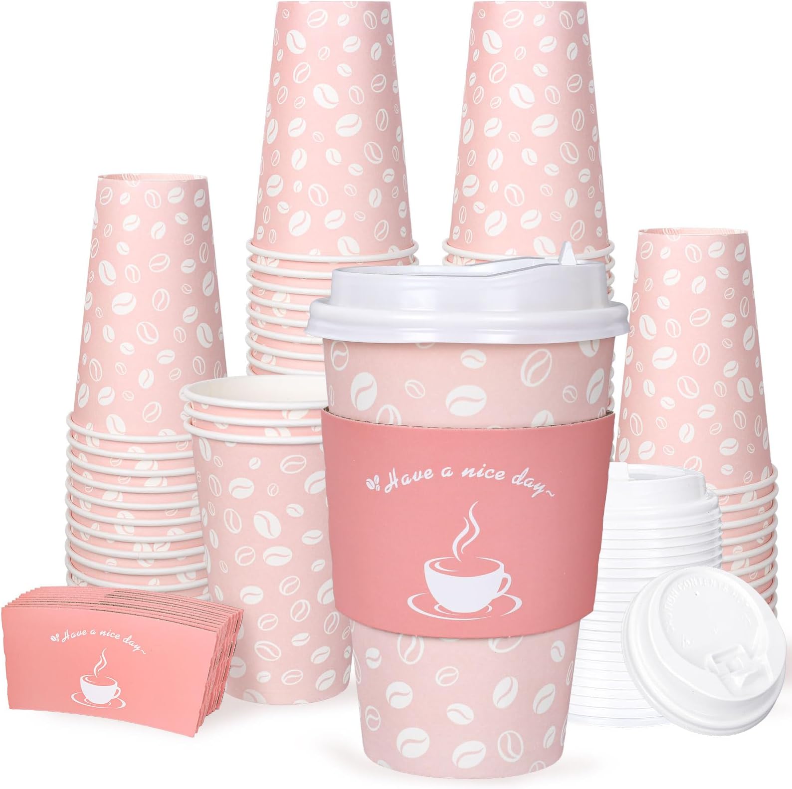 Whaline 100 Pack Disposable Coffee Cups with Lids and Sleeves 16oz Pink Thickened Leak-Proof Paper Cups To Go Coffee Cups for Hot Cold Drink Cafes Shops Cappuccino Chocolate Beverage Cocoa
