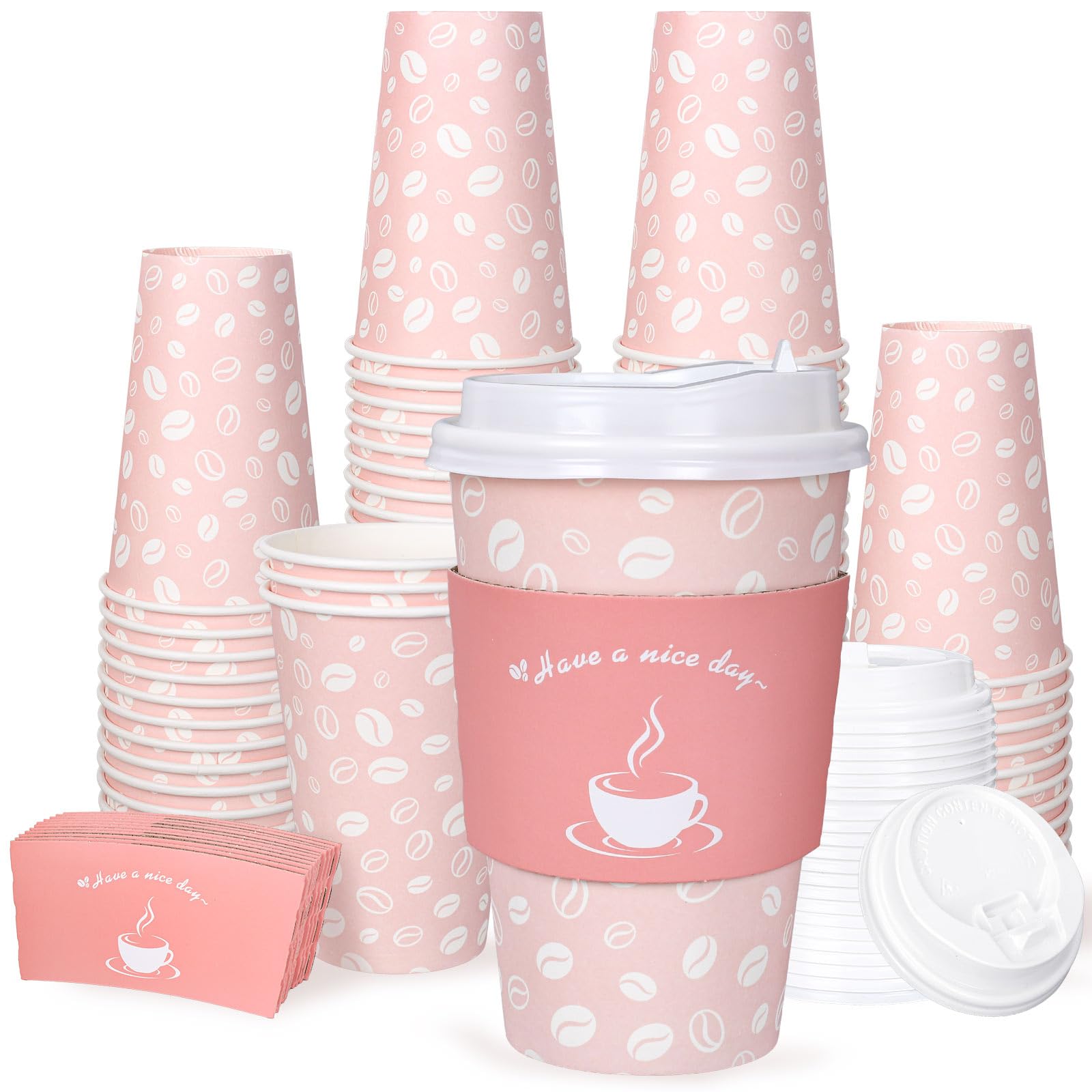 Whaline 100 Pack Disposable Coffee Cups with Lids and Sleeves 16oz Pink Thickened Leak-Proof Paper Cups To Go Coffee Cups for Hot Cold Drink Cafes Shops Cappuccino Chocolate Beverage Cocoa