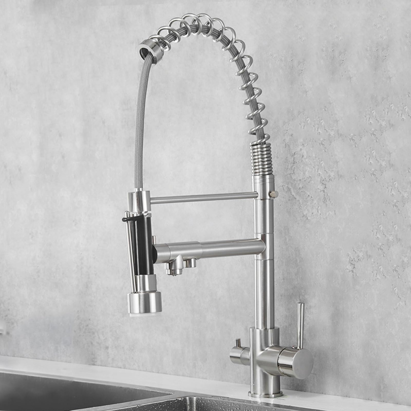 BHFPFZA 3-Way Brushed el Kitchen Sink Tap - 360° Swivel Pull-Out Filter Mixer Faucet for Drinking Water Easy Installat Modern Design & Functal Kitchen Accessory