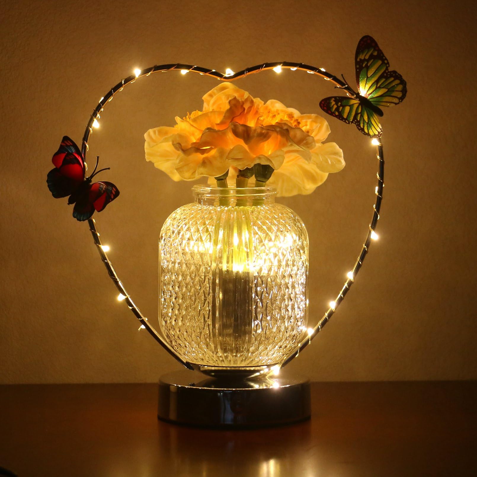 Photo 1 of Battery Operated Lamp, Room Decor Cordless Touch Table Flower Lamp, Rechargeable Dimmable Bedroom Night Lights, Decorative Lamp for Living Room Bathroom Fireplace Corner Entryway Party Heart-Pink Flowers