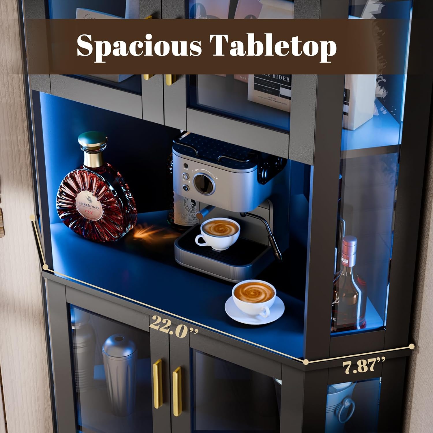 71'' Corner Wine Bar Cabinet with LED Lights,5-Tier Tall Home Liquor Coffee Bar Cabinet W with Tempered Glass Door & Glasses Rack, Alcohol Cabinet Storage Hutch for Kitchen, Living Room, Dining Room