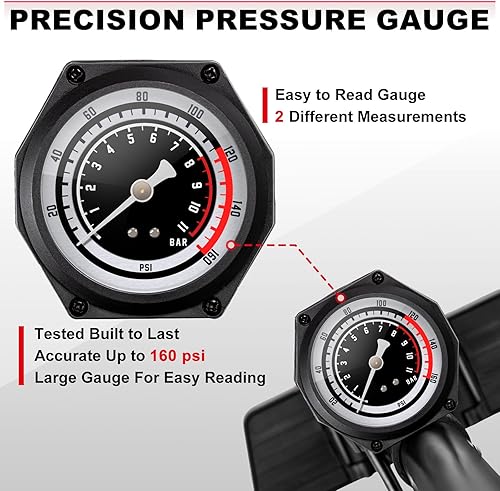 Miniatura 4 de Hycline Bomba de piso para bicicleta con manómetro bombas de bicicleta de alta presión de tamaño completo de 160 PSI - Bomba de aire duradera para