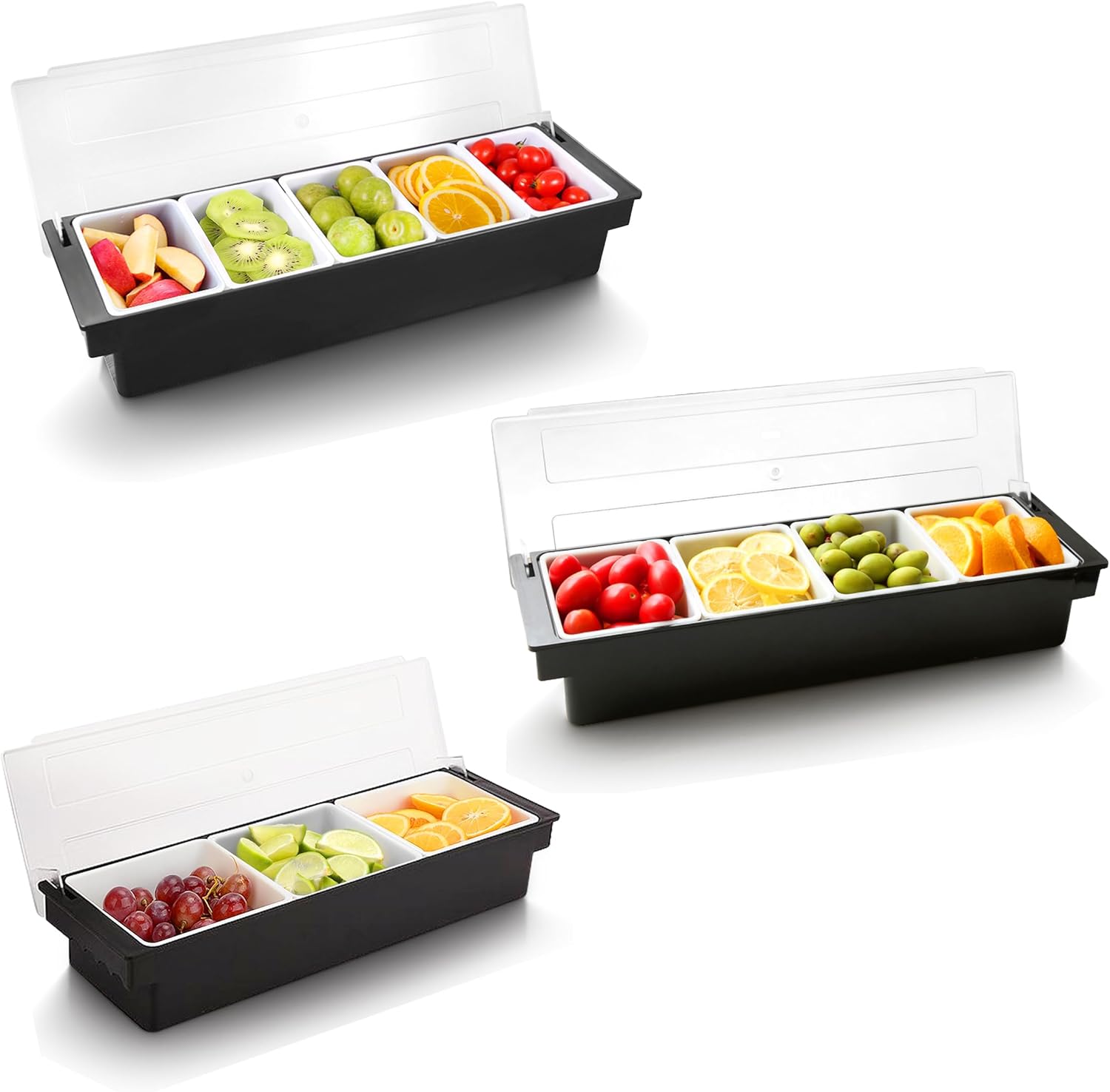 WICHEMI Fruit, Veggie & Condiment Caddy with Lid Dispenser Tray Plastic Garnish Station for Bartending & Serving Taco, Ice Cream, Salad Bar - Topping Organizer for Restaurant Supplies (3 Pack, 3 4 5 C