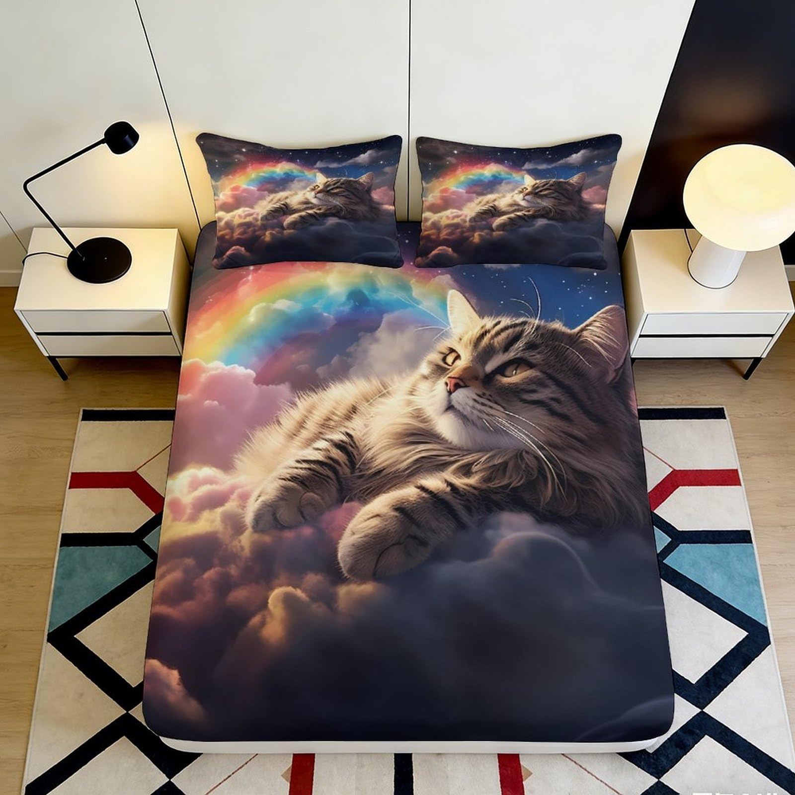 3D Printed Rainbow Cat Cloud Fitted Sheet Microfiber Soft Mattress Cover Anti-Slip for Bedroom Guest Room Home Decor 120x200cm 140x200x25cm