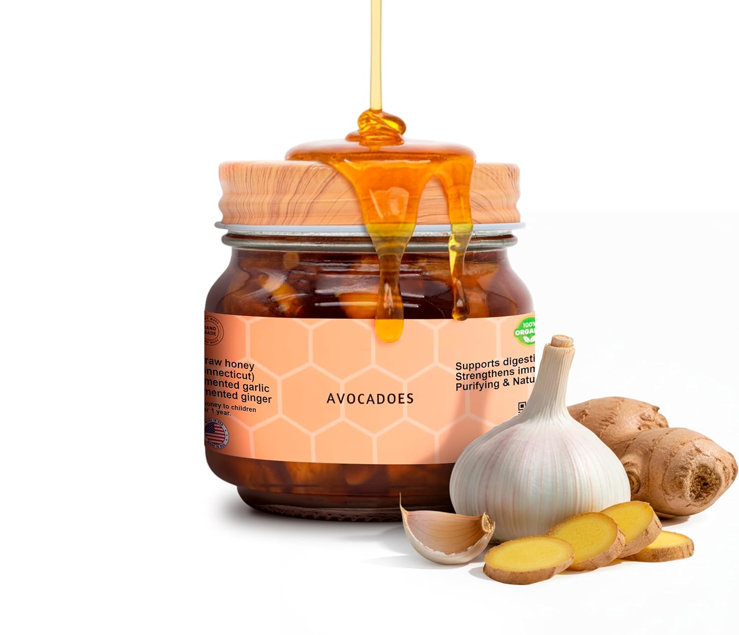 AVOCADOES Organic Raw Honey with Fermented Garlic & Ginger – Handcrafted Unfiltered Honey Blend – Natural Support for Immunity & Digestion – Small Batch – 8 oz Glass Jar
