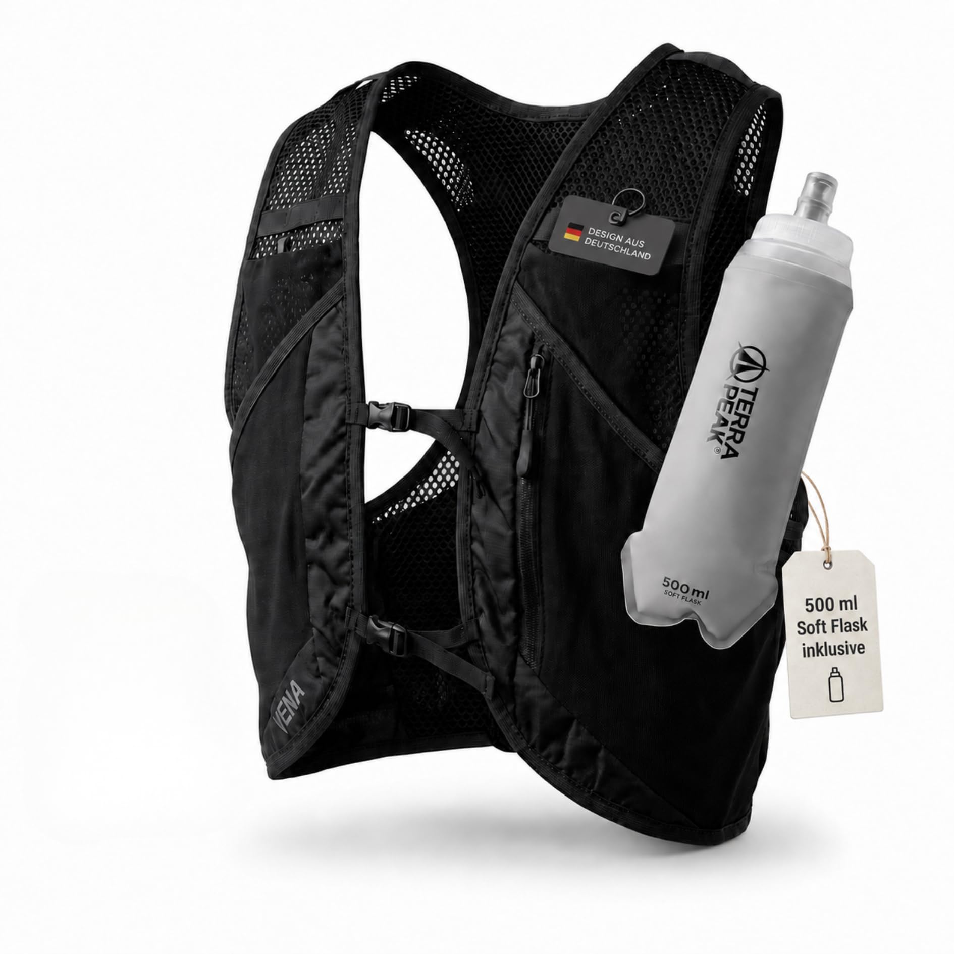 Terra Peak® VENA Laufweste 500ml Trinkflasche - Trinkweste Trinkrucksack Laufen Damen Herren S/M Schwarz Reflektierend - Trail Running Vest Hydration Pack mit Trinkblase-Fach, Stockhalter