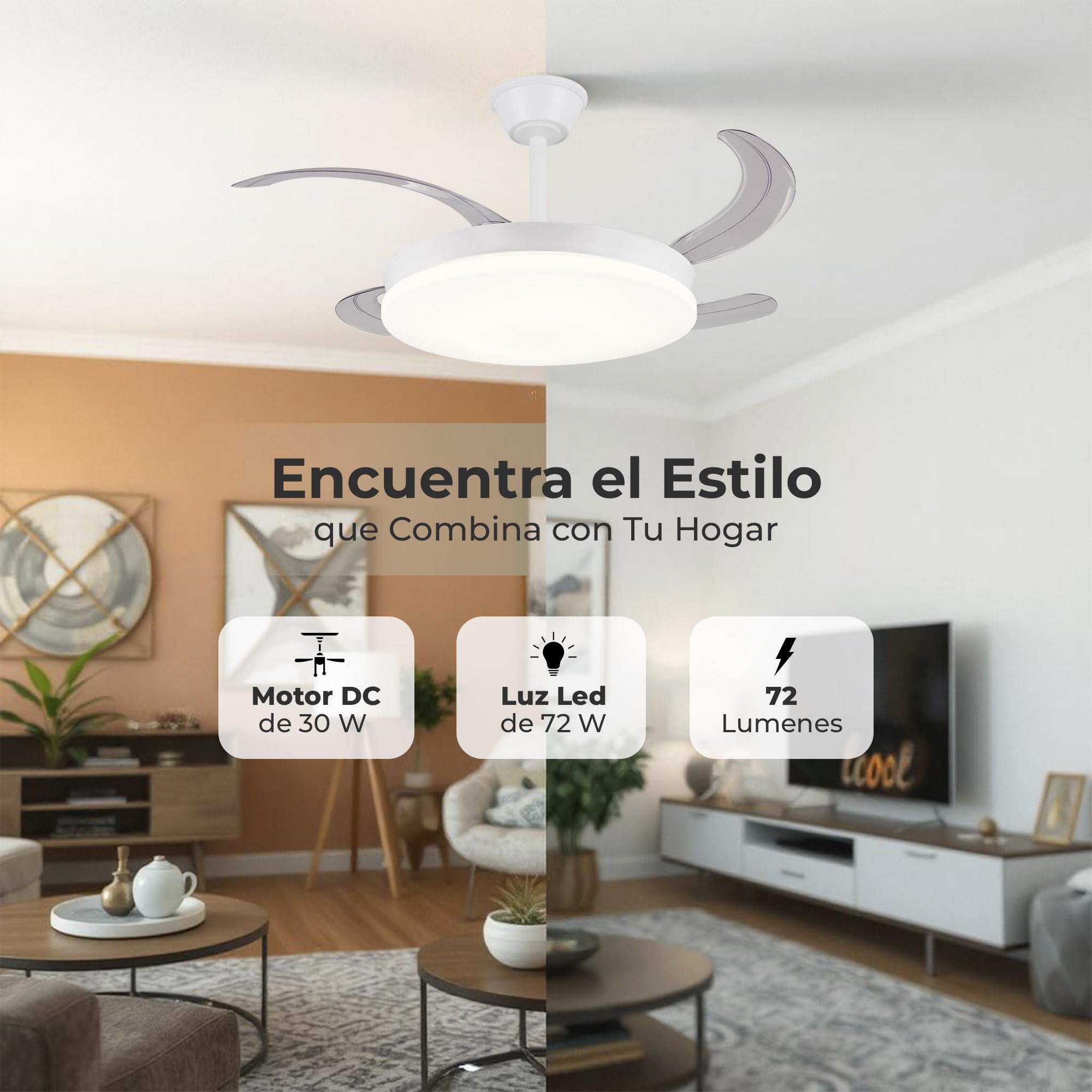 LUMIKING Ventilador de Techo con Luz LED 72W Retráctil y Silencioso - Lámpara con Aspas Plegables, 3 Tonos de Luz (3000-4000-6000K), 6 Velocidades, Memoria, Modo Verano Invierno, Ø108 cm