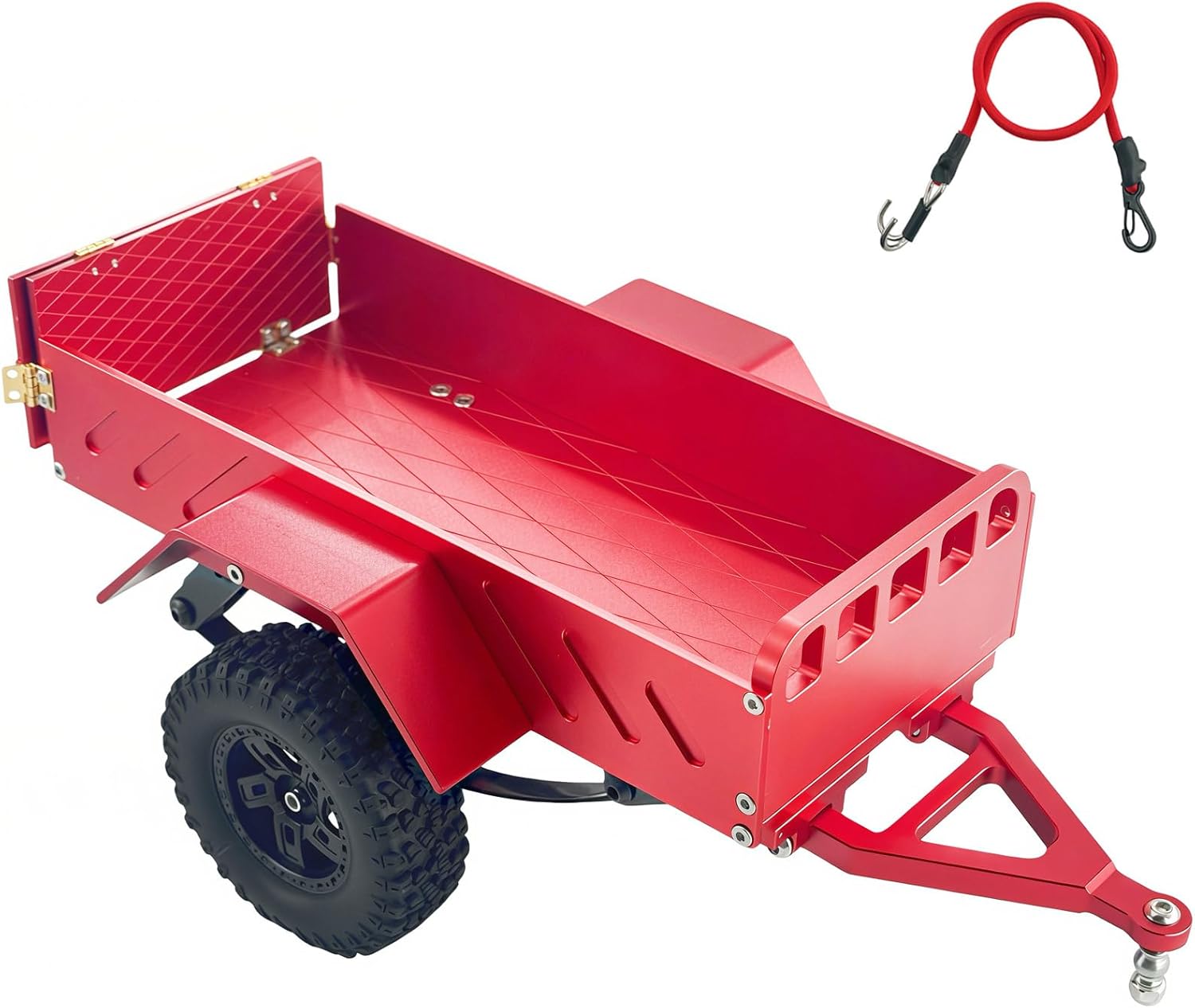 CNC Aluminum Utility Trailer for 1/18 RC Crawler, Small Scale Hauling Trailer with Fold-Down Tailgate Ramp, 1.0in Wheels, Fully Assembled (Red)