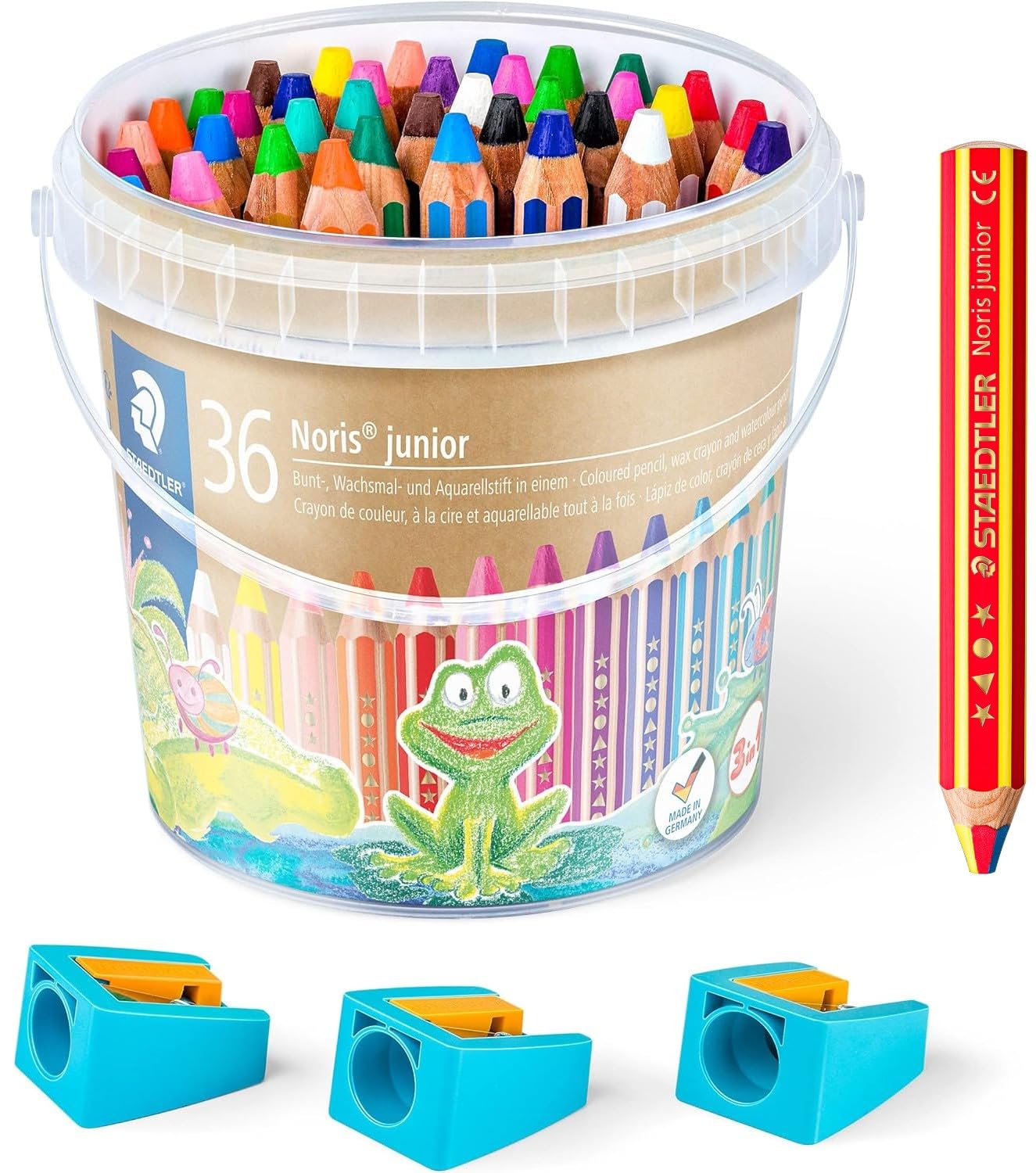 STAEDTLER Noris junior Zestaw 3 w 1 kredek kolorowych, woskowych i akwarelowych, idealny dla małych dzieci, 36 kolorów, temperówka i tęczowy ołówek