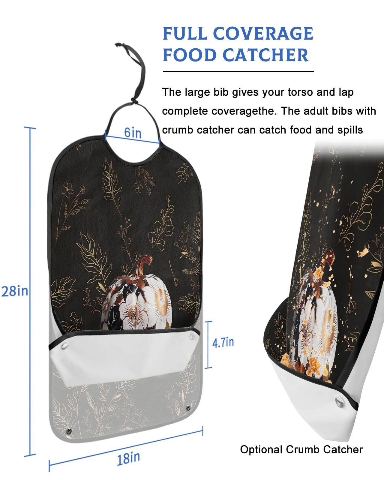 Pumpkins Black Adult Bib for Eating with Crumb Catcher,Washable & Waterproof Terry Cloth Adjustable Elderly Women Men Adult Bibs Funny Clothing Protector Luxurious Elegant Thanksgiving Fall Leaves