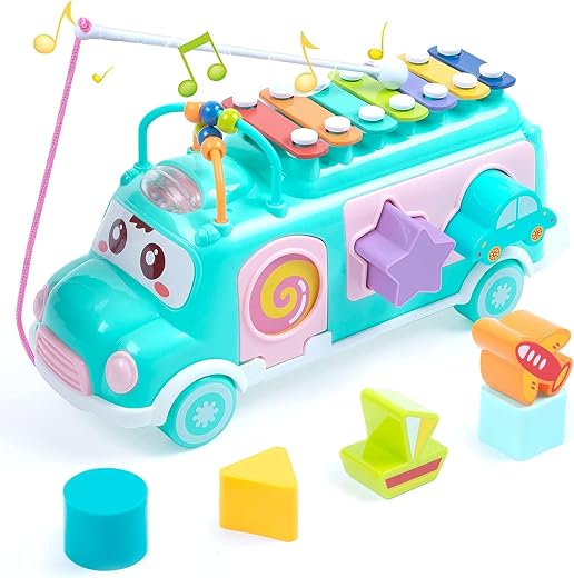 Lefan Plastic Musical Happy Bus Toy Baby Toys 6-18 Months with Xylophone &amp; Shape Sorter Push &amp; Pull Educational and Learni...