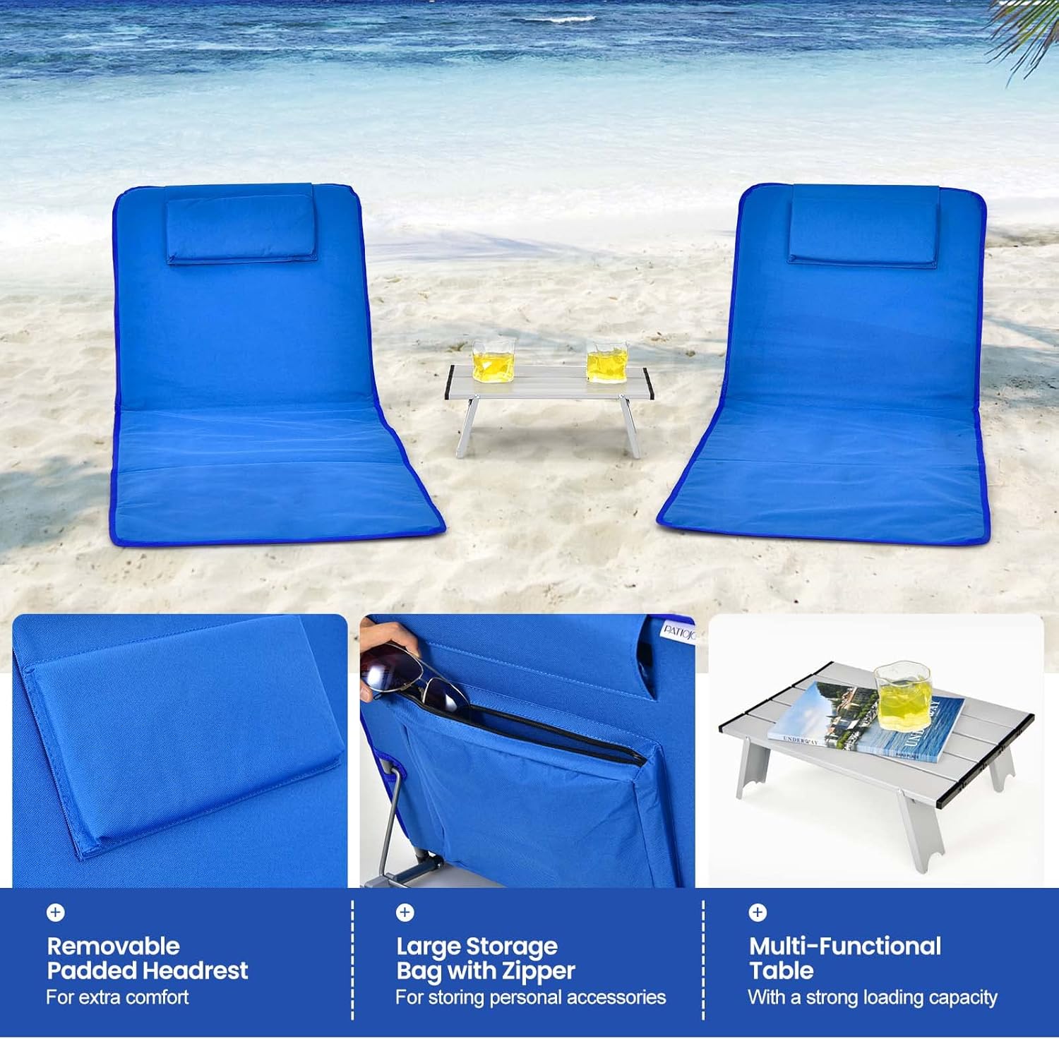 Nightcore 3-Piece Beach Chairs Set for Adults, Adjustable Lawn Chair with Side Table for Outdoor Relaxing & Sun Tanning, Portable & Folding Recline Chaise Lounge for Beach, Patio, Camping (Blue)