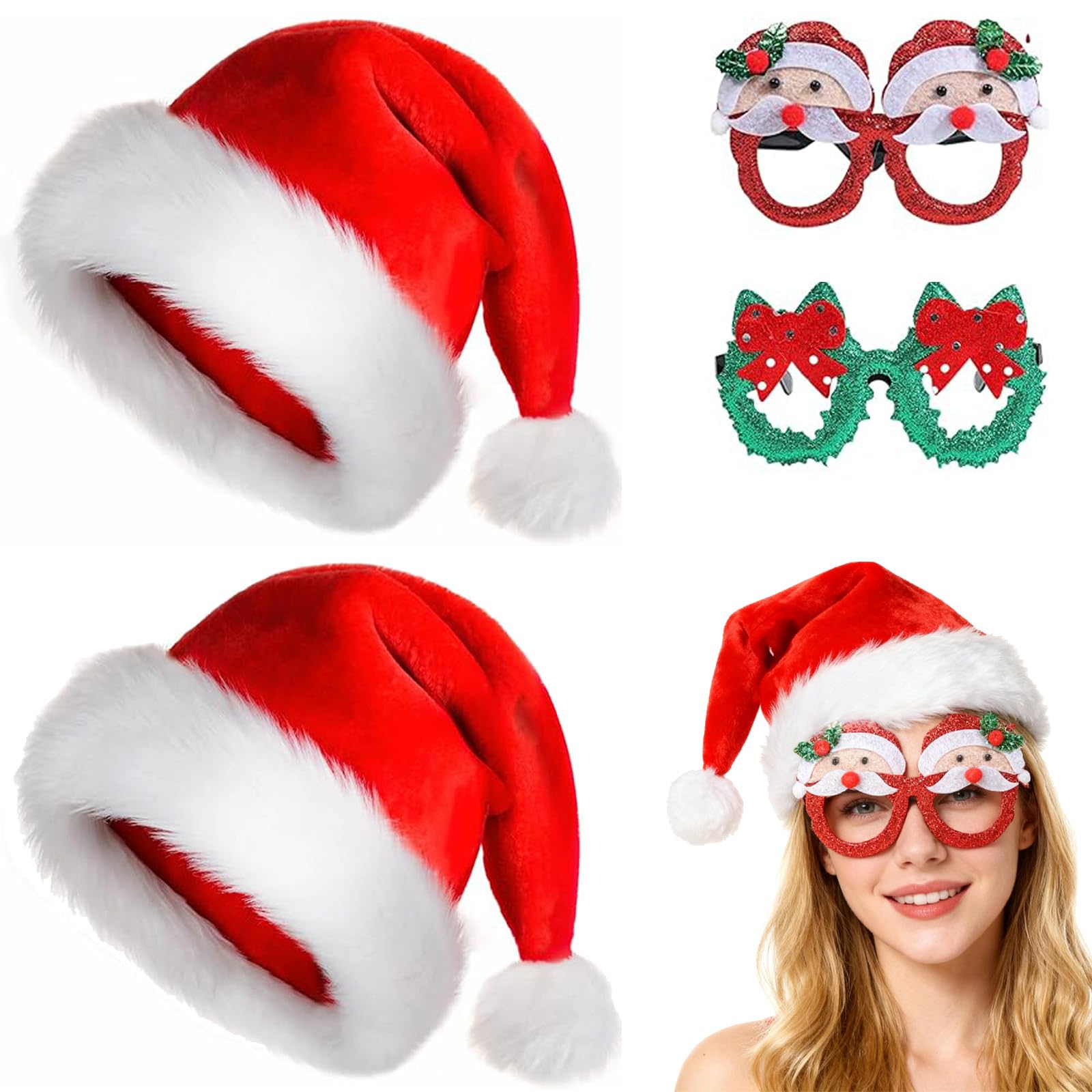 BeoTnp 4PCS Santa Hat, Christmas Decorations Set of 2 Hats and 2 Glasses for Adults, Festive Party Accessories for Christmas Celebrations, Family Gatherings and Themed Photoshoots