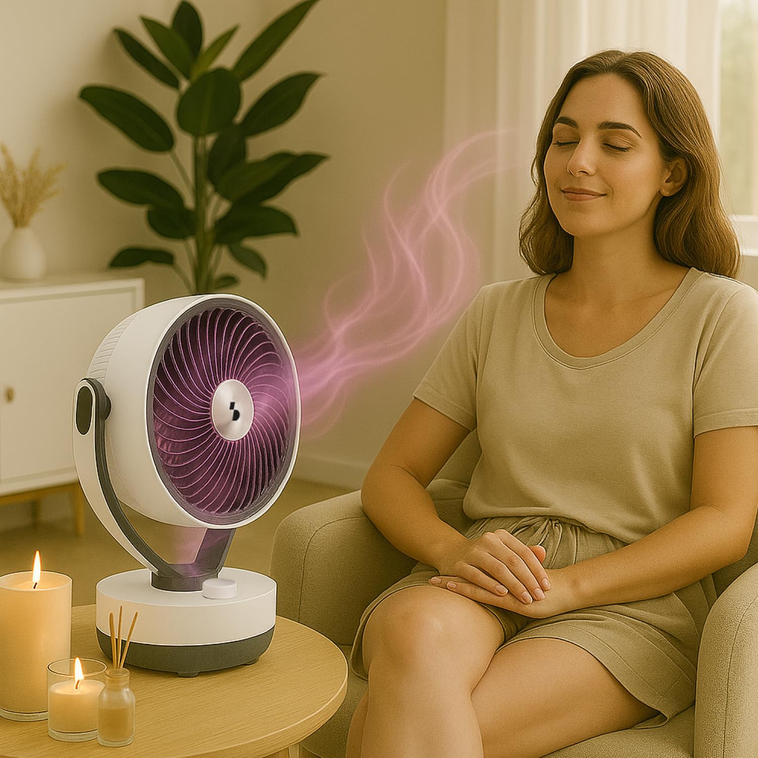 BEPER P206VEN261 Circolatore d’Aria da Tavolo con Diffusore Aromi, Ventilatore Compatto 2 Velocità, Oscillante 60°, Inclinazione 90°, con Porta Oli Essenziali, 50W