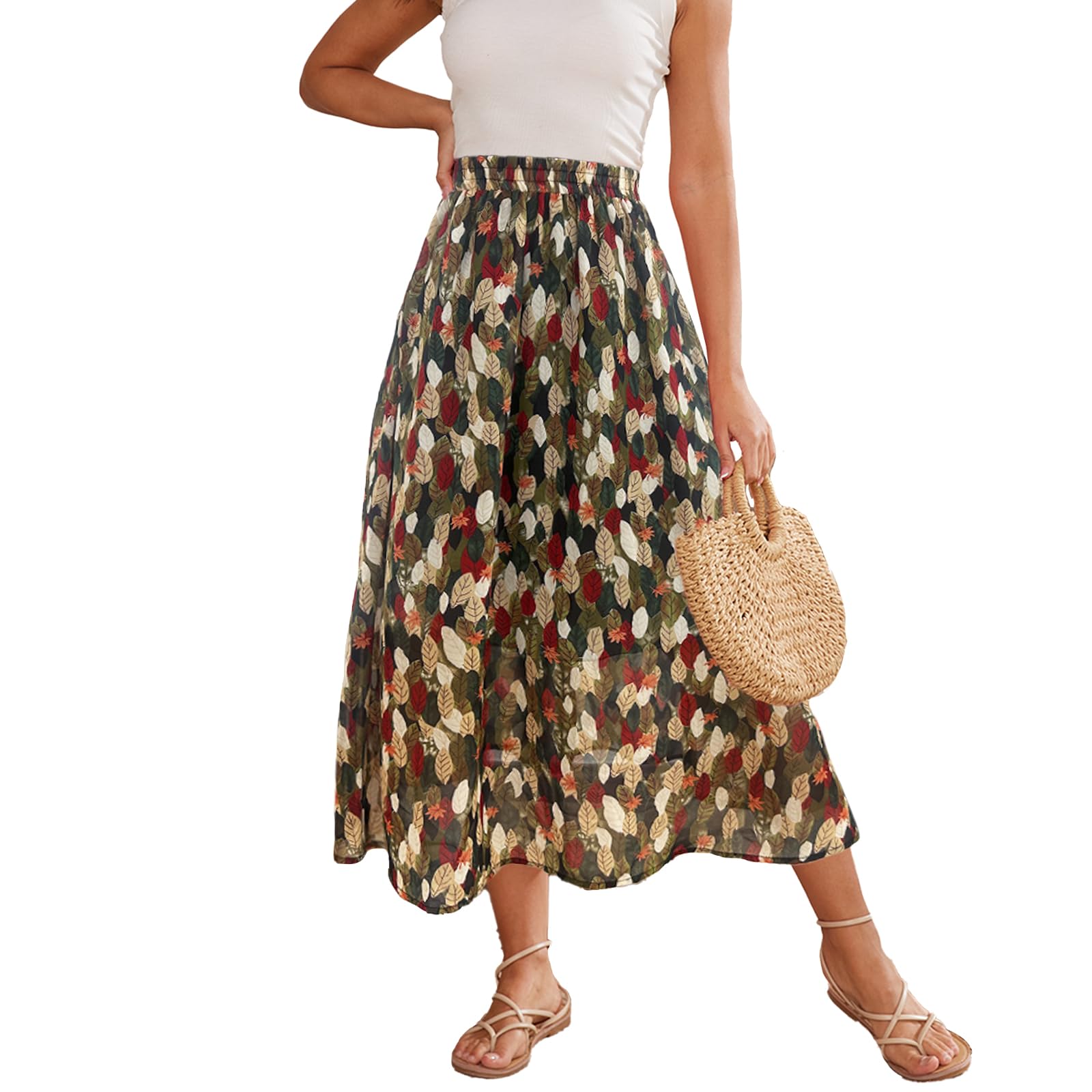 HERBATOMIA Women’s Midi Floral Print Skirt Flowy Boho High Elastic Waist Trendy Summer Beach Long Skirts for Women