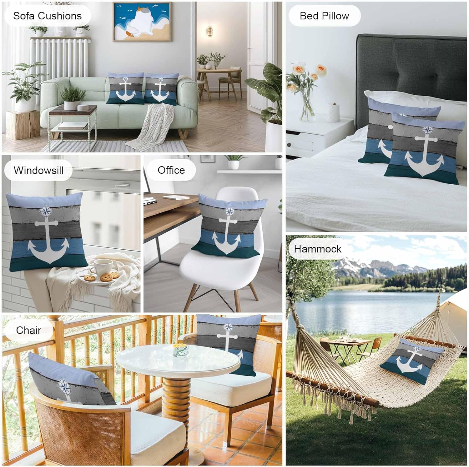 Chucoco Waterproof Pillow Covers for Couch Throw Pillow Cases Set of 2,Nautical White Anchor Decorative Cushion Pillow Covers 18x18In,Indoor Outdoor Decoration Vintage Blue Grey Farm Wood Plank