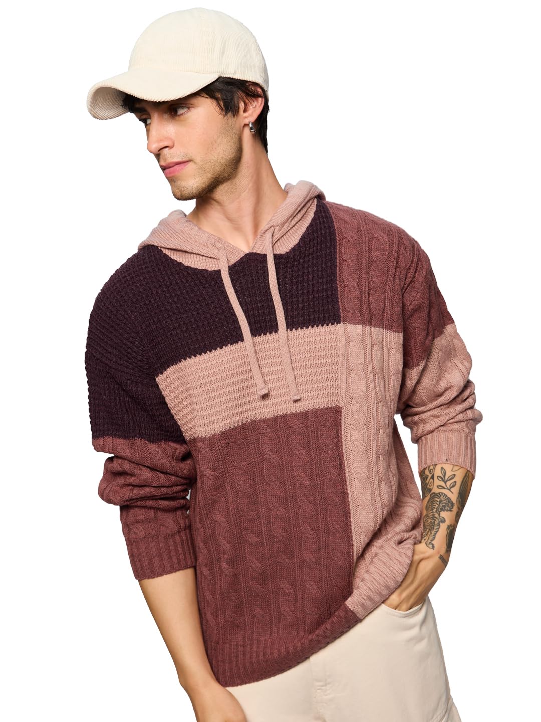 the souled store Cinnamon Men and Boys Long Sleeves Hooded Neck Multicolored Color Block Acrylic Oversized Pullovers-picture-55