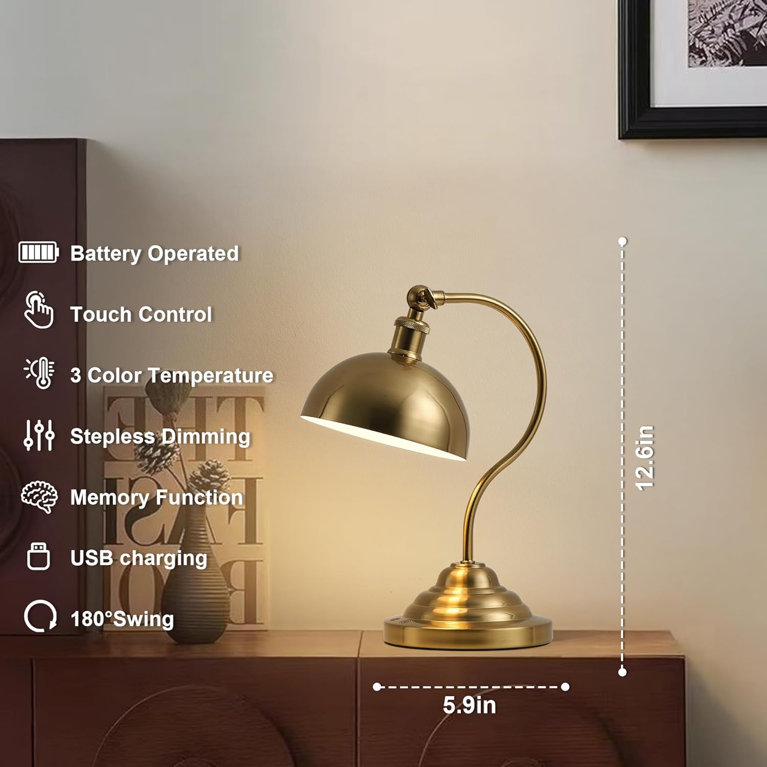 Cordless LED Table Lamp, Battery Operated Desk Lamps with Swing Arm & Plastic Shade, Vintage Small Rechargeable Dimmable Light for Bedroom, Living Room, Nightstand, Brass