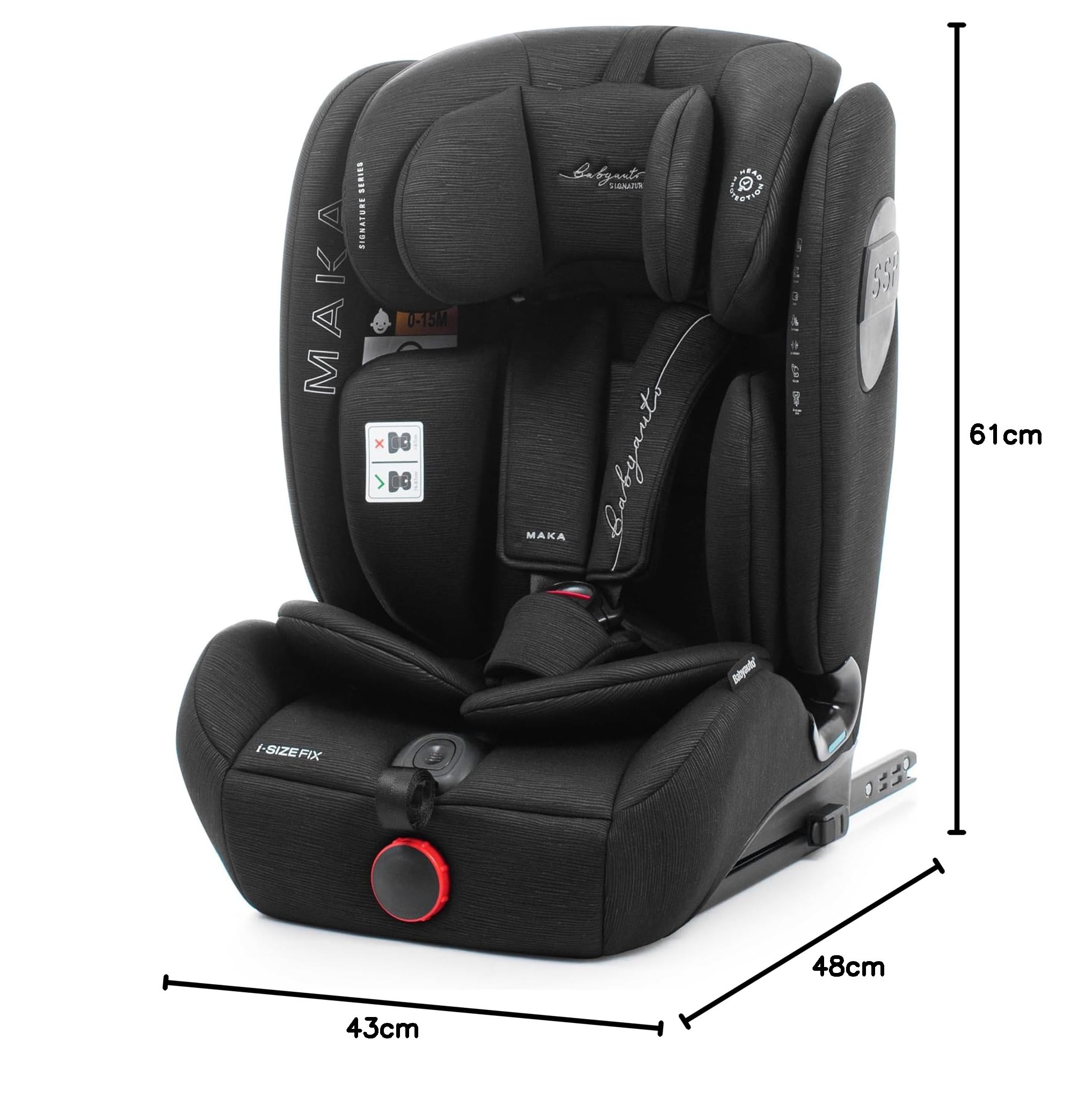 BABYAUTO - MAKA i-Size - Silla de Coche para Niños, Homologada ISIZE, Altura Ajustable 76-150 cm, Grupo 1/2/3, 15 m - 12 años, 9-36 kg con ISOFIX y TopTether, Protección Lateral Reforzada. BLACK LINE