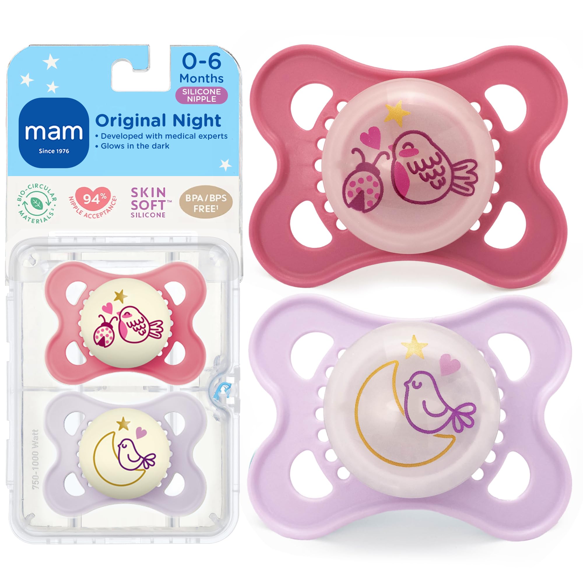 MAM Original Baby Pacifiers 0-6 Months, Binky for Newborn Babies, BPA-Free Skin Soft Silicone Nipple, Glows in The Dark, Developed with Medical