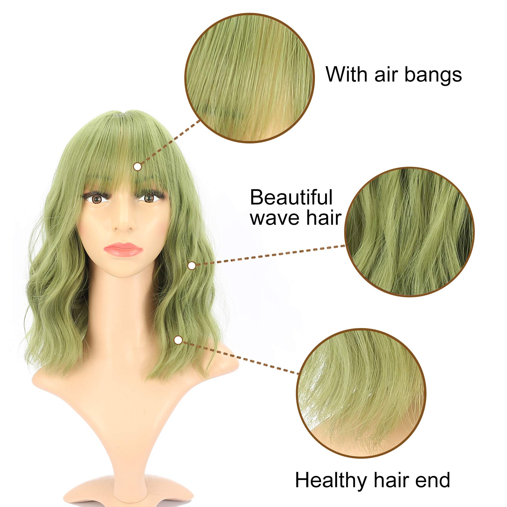 VCKOVCKO Short Bob Wavy Wig With Air Bangs Matcha Green Women's Shoulder Length Wigs Curly Synthetic Cosplay Bob Wig for Girl Colorful Wigs(12" - Image 3