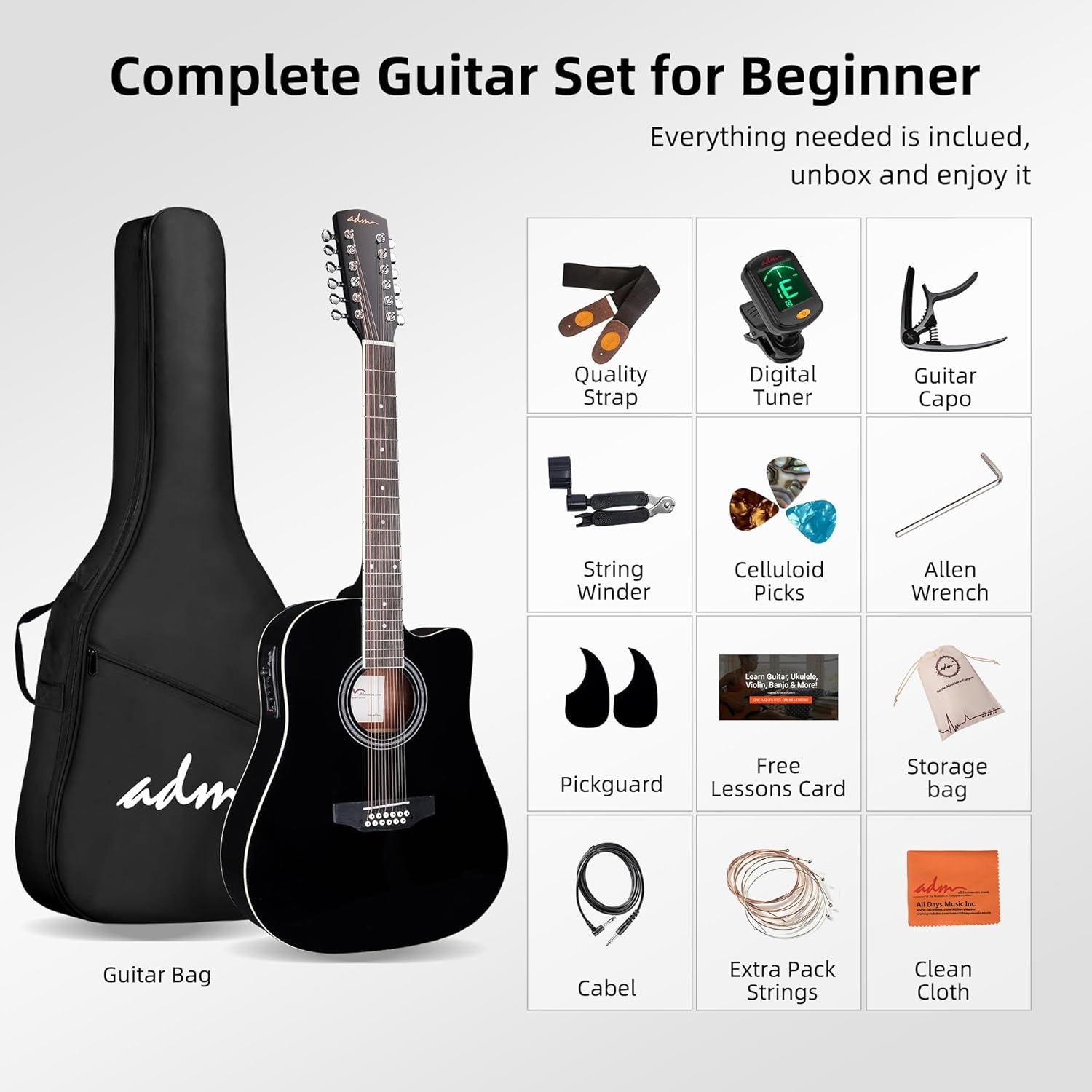 ADM Advanced 12 String Acoustic Electric Guitar, Full Size 42" Twelve String Guitar Bundle 4-Band EQ Electroacoustic Set for Beginner Intermediate Adults Teens, Bag, Picks, Capo, Cabel, Strap, Black