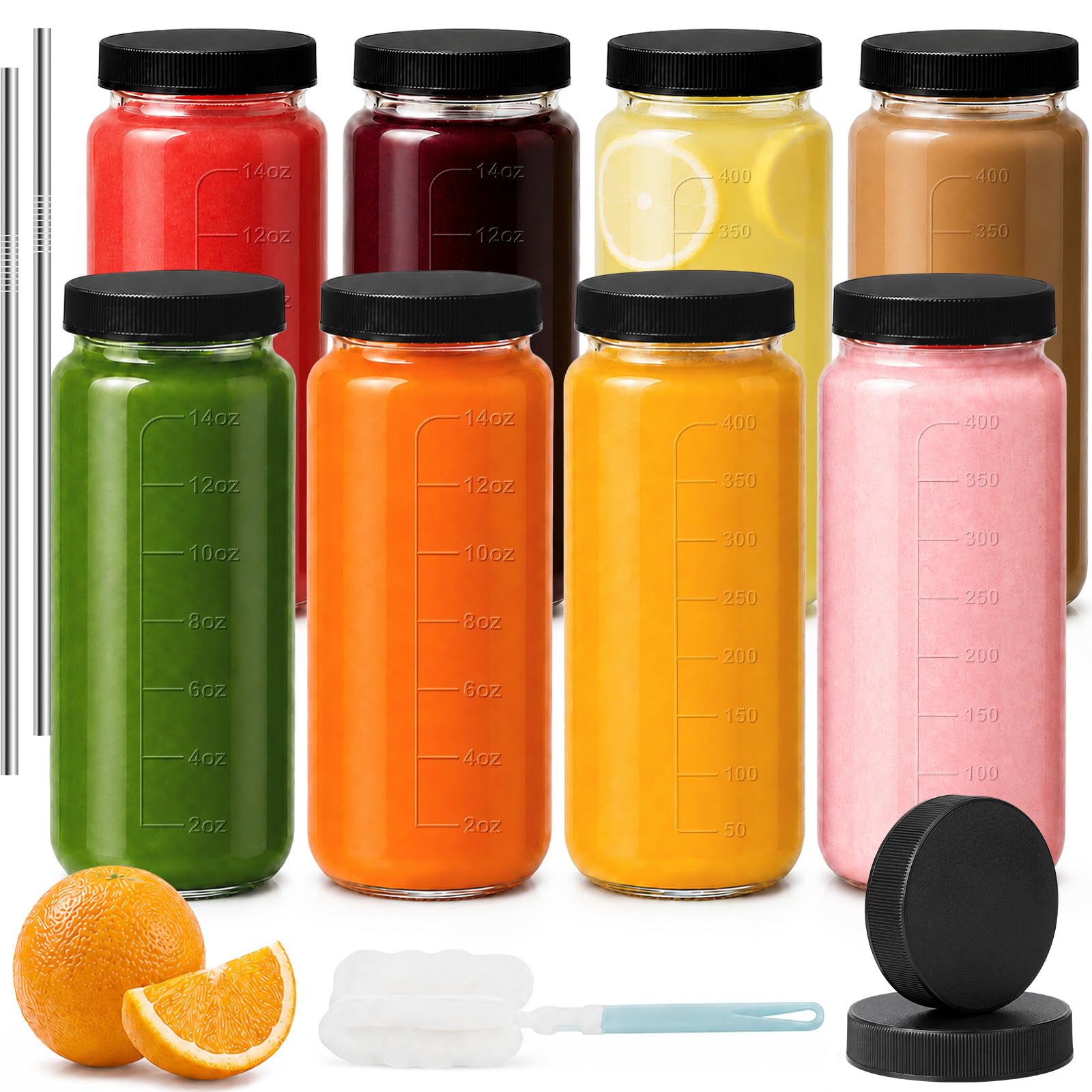 OAMCEG Saftflaschen zum Befüllen 480ml Smoothie Flaschen mit Deckel Strohhalme, 16oz Glasflaschen Wiederverwendbare, Glasflasche Spülmaschinen Kühlschranksicher, für Saftpressen Konservieren