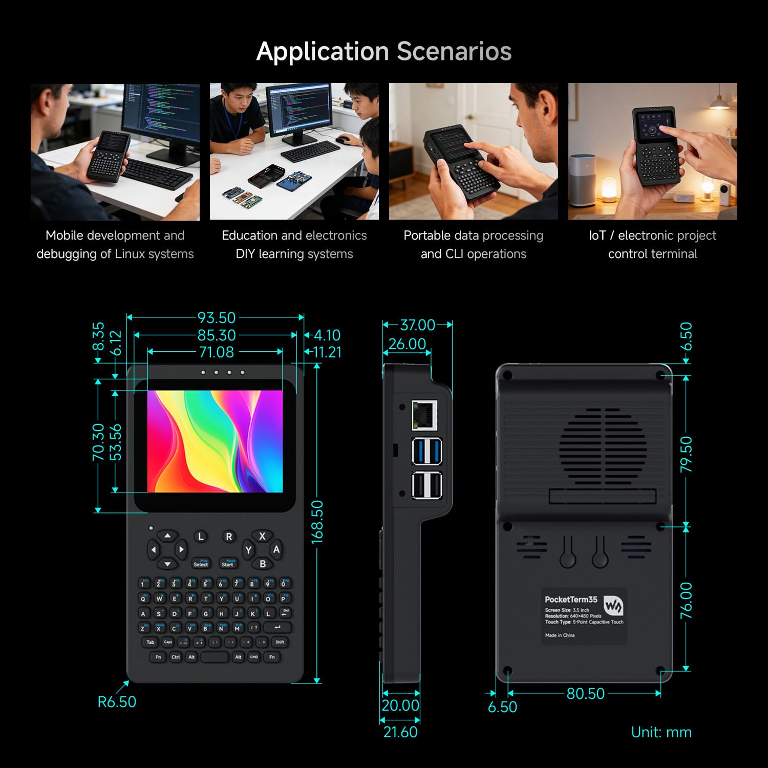 Waveshare Portable Handheld Linux Terminal with 3.5inch Touch Display, 640 × 480, Optical Bonding, Compatible with Pi 4B/5 Portable Development and Debugging Devices, PocketTerm35-Pi5 Host