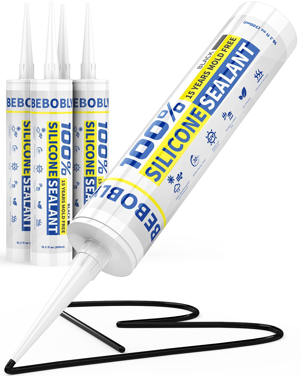 BEBOBLY Black Silicone Caulk & Sealant, 100% Waterproof Silicone Caulking, Silicone Sealant Caulking for Kitchen, Bathroom, RV, Interior & Exterior