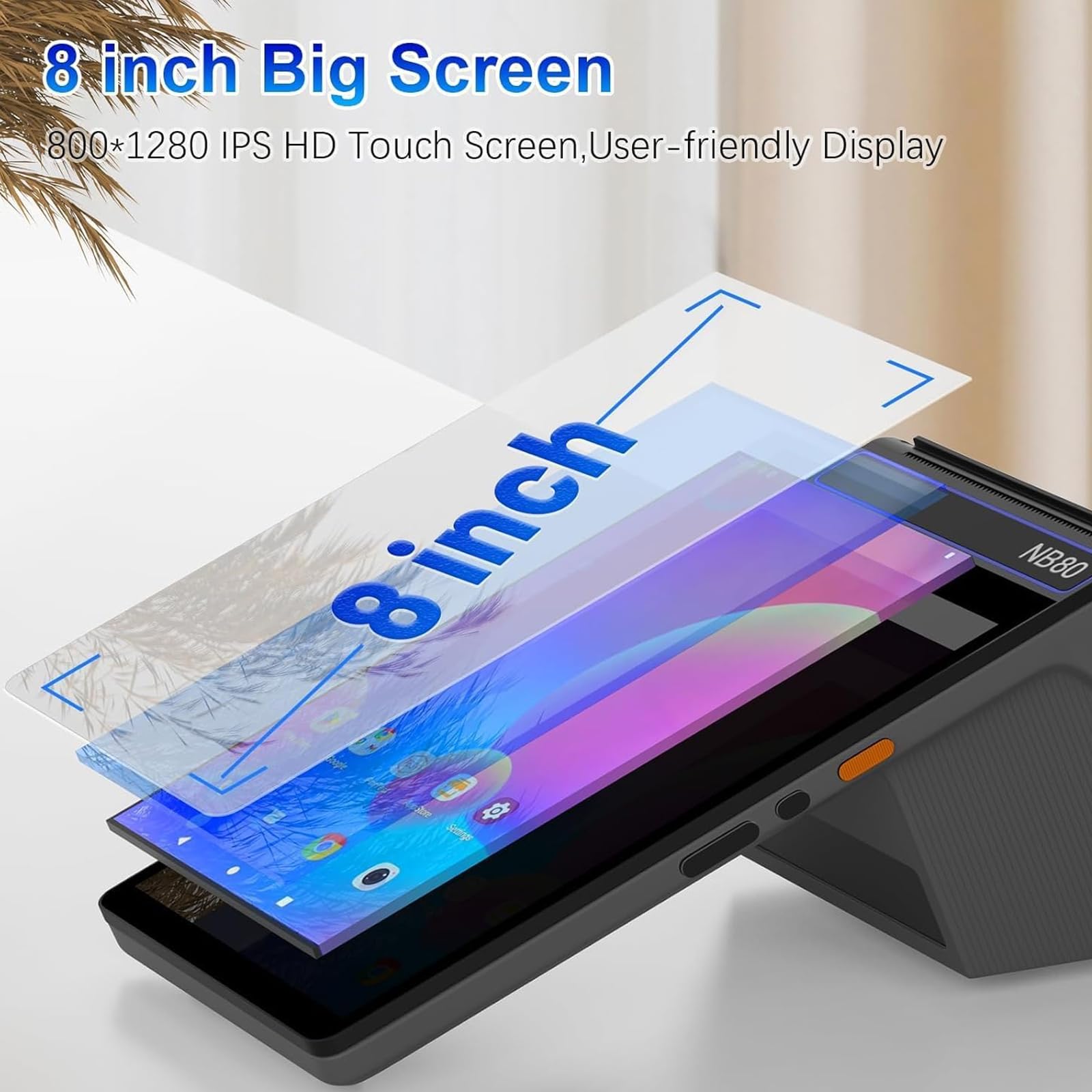 Terminale POS con touch screen da 8 pollici, stampante per ricevute da 58 mm, connettività 4G e WiFi, scanner di codici a barre e funzionalità NFC