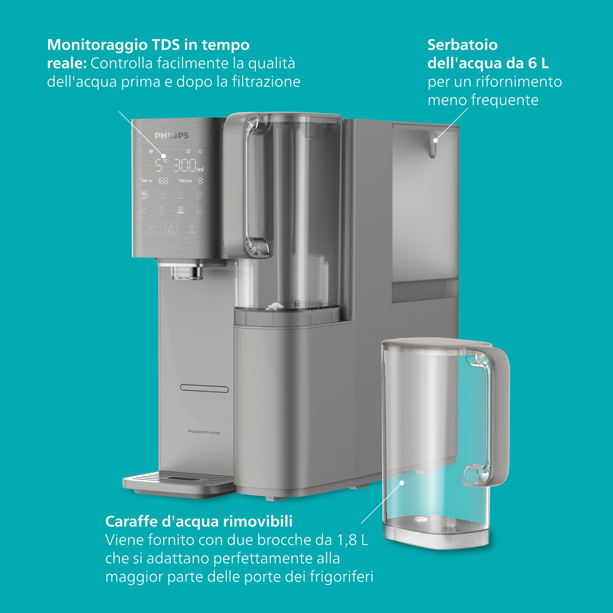 Philips Water ADD6921DG Stazione dell'acqua a osmosi inversa: rimuove fino a 110 sostanze, riscaldamento e raffreddamento istantanei, durata del filtro di 1 anno