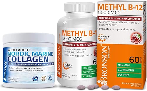 Bronson Polvo de proteína hidrolizada de péptidos marinos de colágeno + metilo B12 5000 mcg de vitamina B12 metilcobalamina