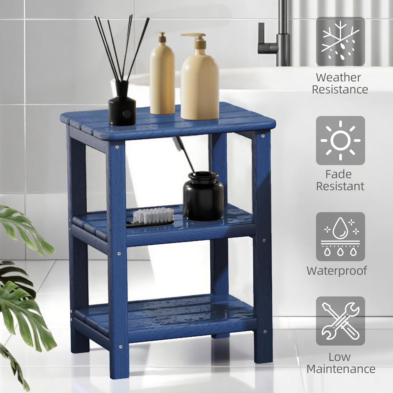 3 Tier Outdoor Side Table Adirondack Side Table HDPE End Table Patio Side Table Rectangle Tables for Outdoor Backyard Garden Balcony (Retro, Blue)