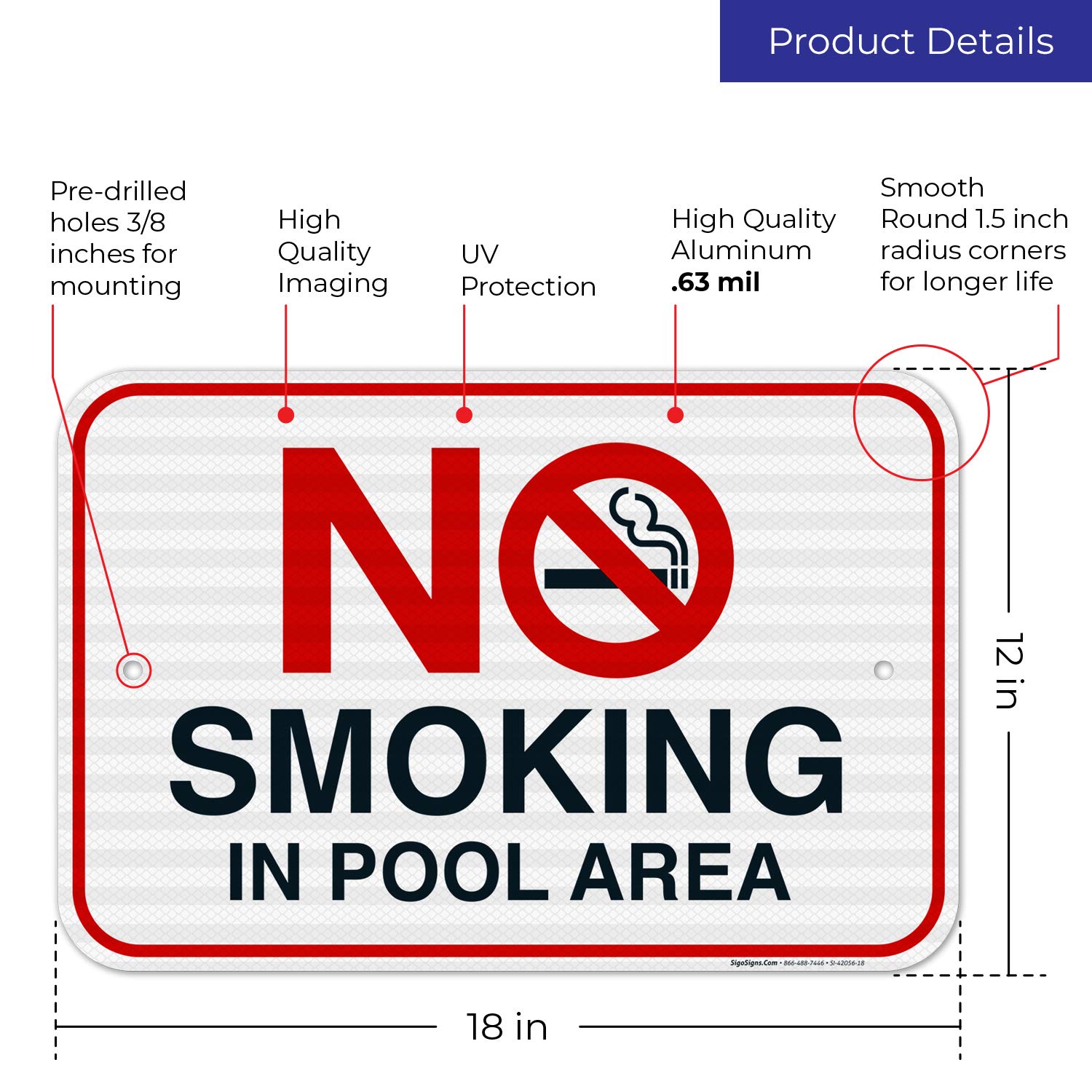 Pool Sign, No Smoking in Pool Area Sign, 12x18 Inches, 3M EGP Reflective .063 Aluminum, Fade Resistant, Easy Mounting, Indoor/Outdoor Use, Made in USA