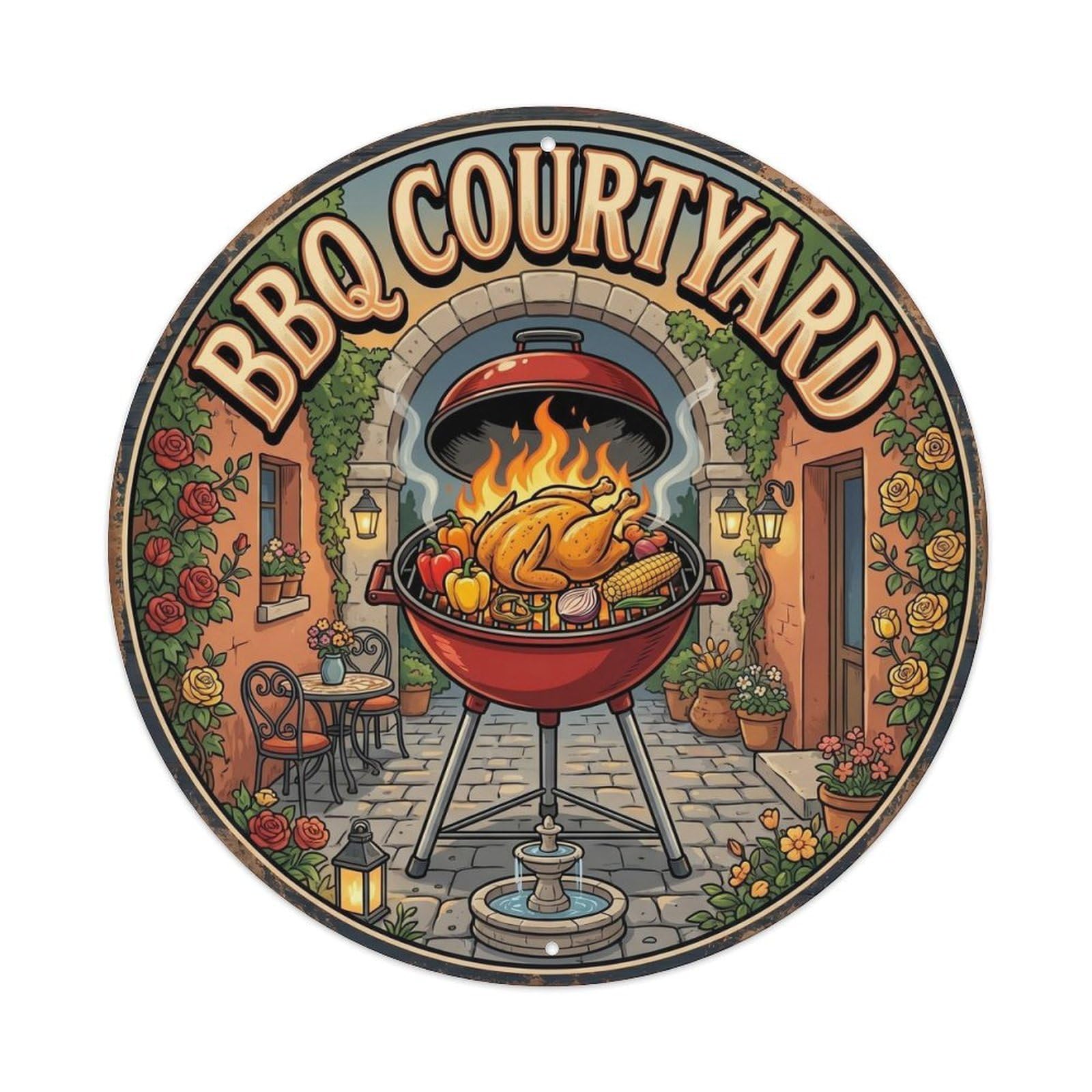 Yrnq Vintage Style-15 Vintage Bbq Barbecue Courtyard Artwork Metal Tin Sign Plaque Wall Decor For Cafe, Club, Garden Round Metal Poster 8X8inch