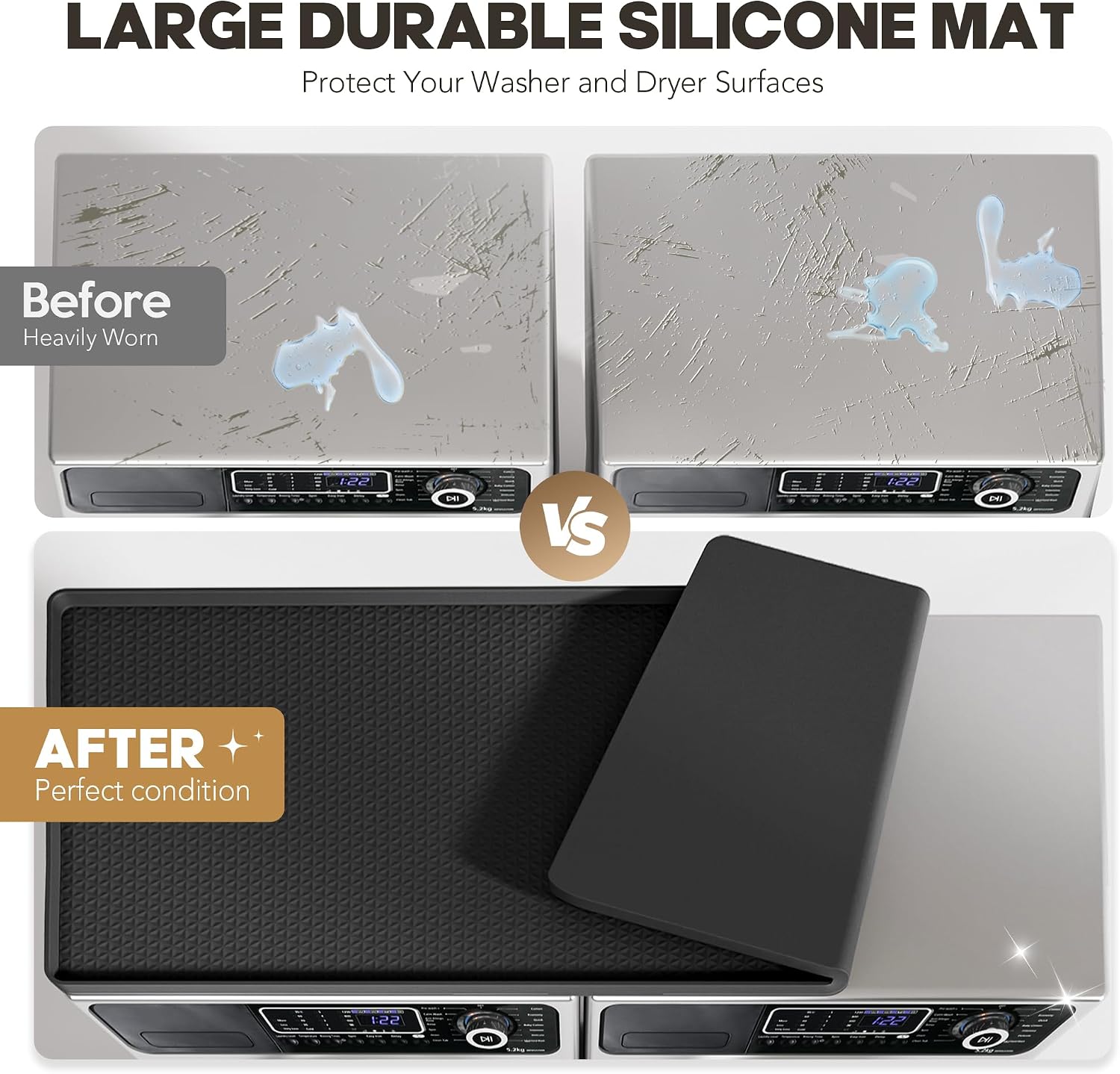 Black Silicone Washer Dryer Countertop Cover, 51.2" x 25.6", Non-Slip, Waterproof, Top Protector Mat for Laundry Room, Kitchen, Home