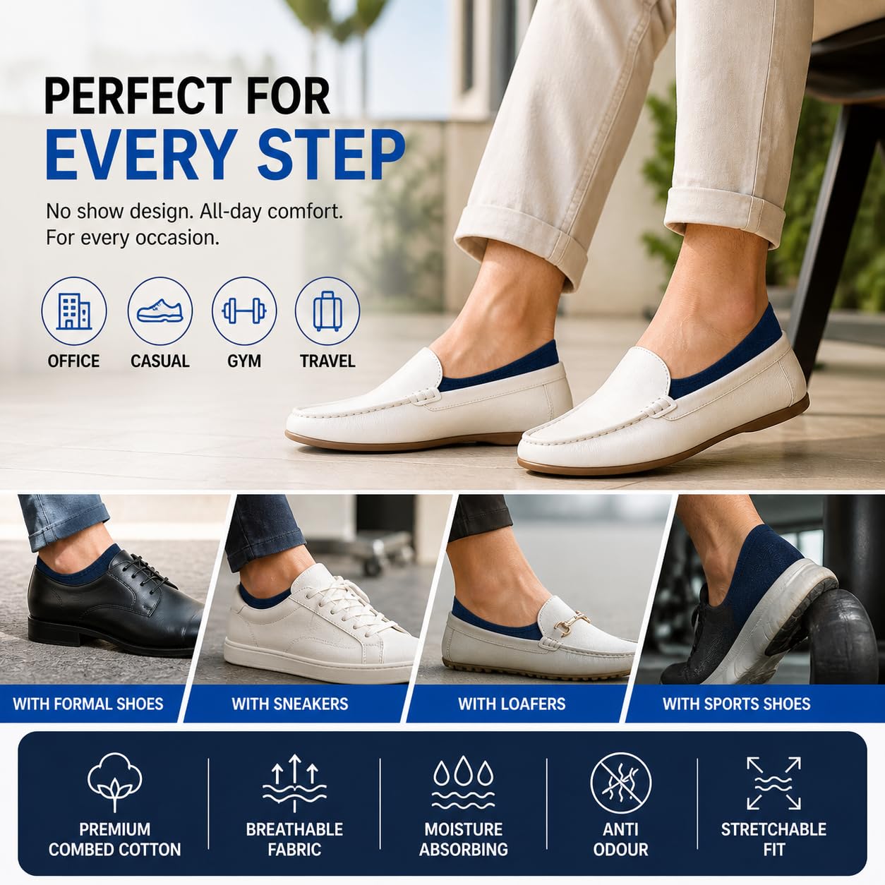 XJARVIS Calcetines mocasines antideslizantes de corte bajo para hombres y mujeres con algodón peinado para deportes, correr y senderismo, paquete de 5 (tamaño libre)