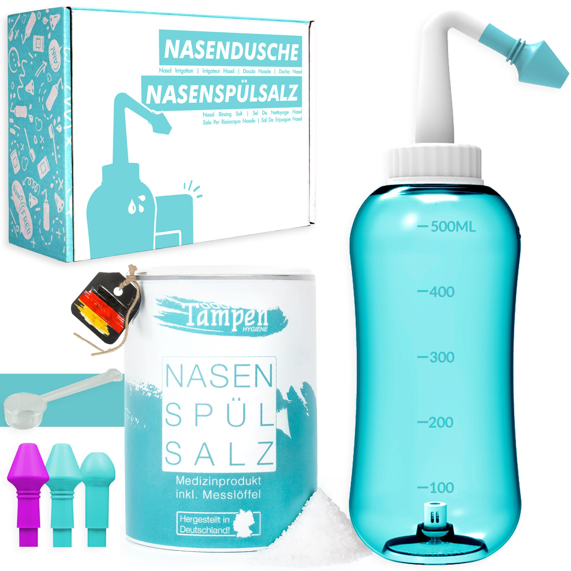 Tampen Nasal Wash Set with 120x Nasal Rinse Salt (300g) and Measuring Spoon (1g) Ā· 3 Accessories for Adults and Kids Ā· Nasal Shower Ā· Nose Cleaning