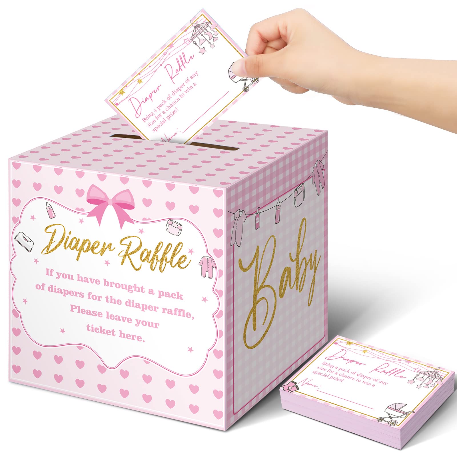 Teling 51 Pieces Diaper Raffle Tickets with Card Box Baby Shower Decorations Baby Shower Holder Box for Girl Boy Diaper Raffle Party(Pink Heart)