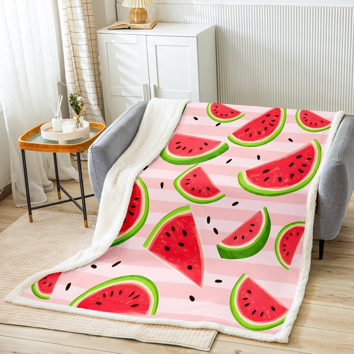 Feelyou Watermelon Fleece Throw Blanket for Girls Boys Kids Fresh Fruit Plush Blanket Pink Stripe Sherpa Blanket Summertime Fuzzy Blanket for Sofa Bed Couch,Twin 60x80 Inches
