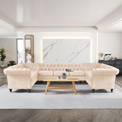 QHITTY U-Shaped Sofa, Sectional Chesterfield Velvet Couch 9-Seater Upholstered Large Accent Tufted Sofa with Rolled Armrest and Nailhead Design for Living Room, Apartment, Office (Beige)